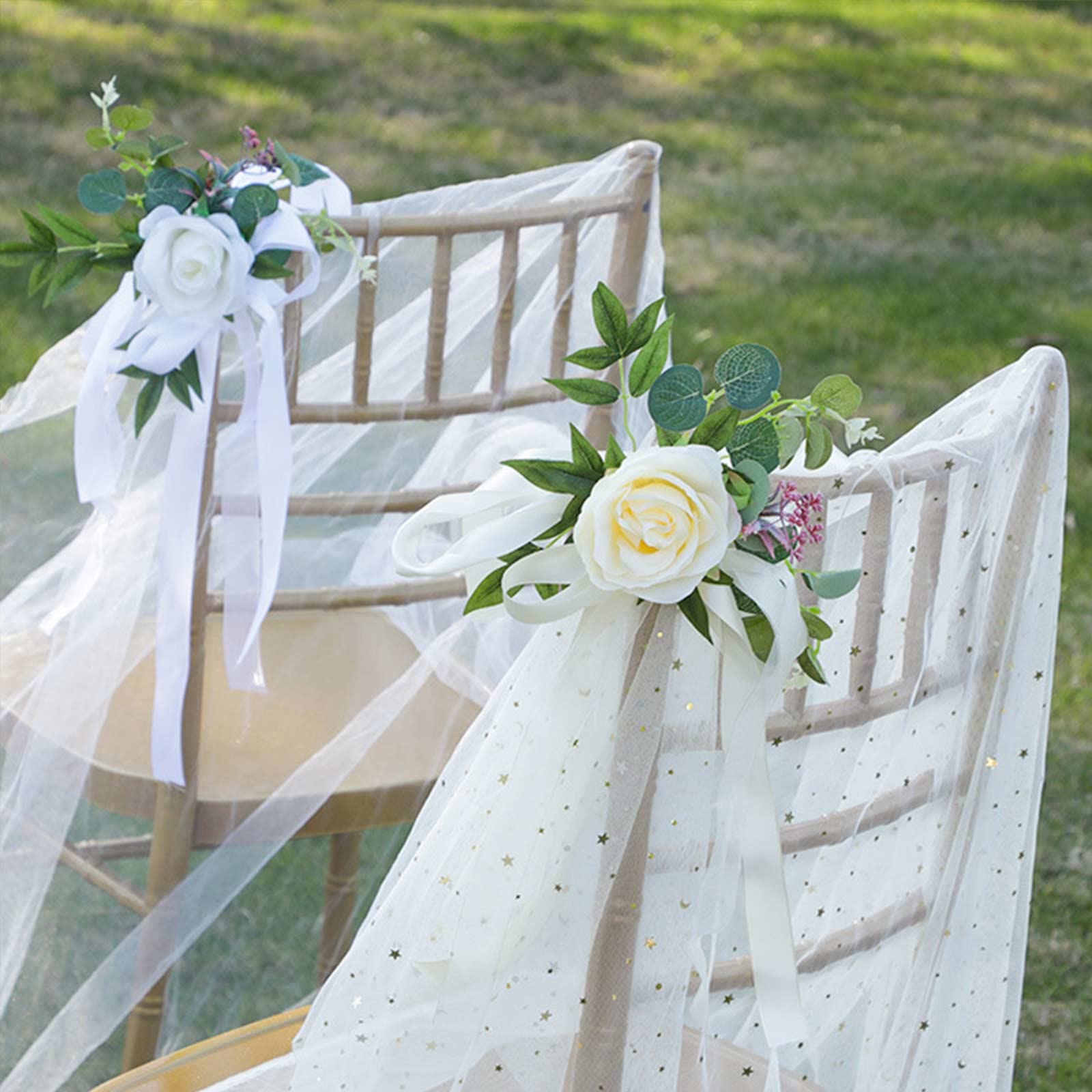 6-Pack Wedding Aisle Chair Decorations - Pink Artificial Rose Flower Swag with Ribbons for Church, Bench & Pew Bows | Perfect for Wedding Ceremony Decor, Bridal Showers & Romantic Events