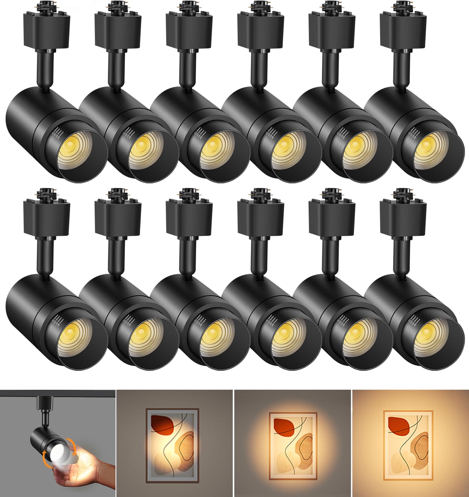 12-Pack Black Dimmable LED H-Track Lighting Heads - 12W, 3000K Warm White, CRI90, Zoomable Spotlight for Home & Retail Lighting - Perfect for Living Rooms, Kitchens, and Store Displays