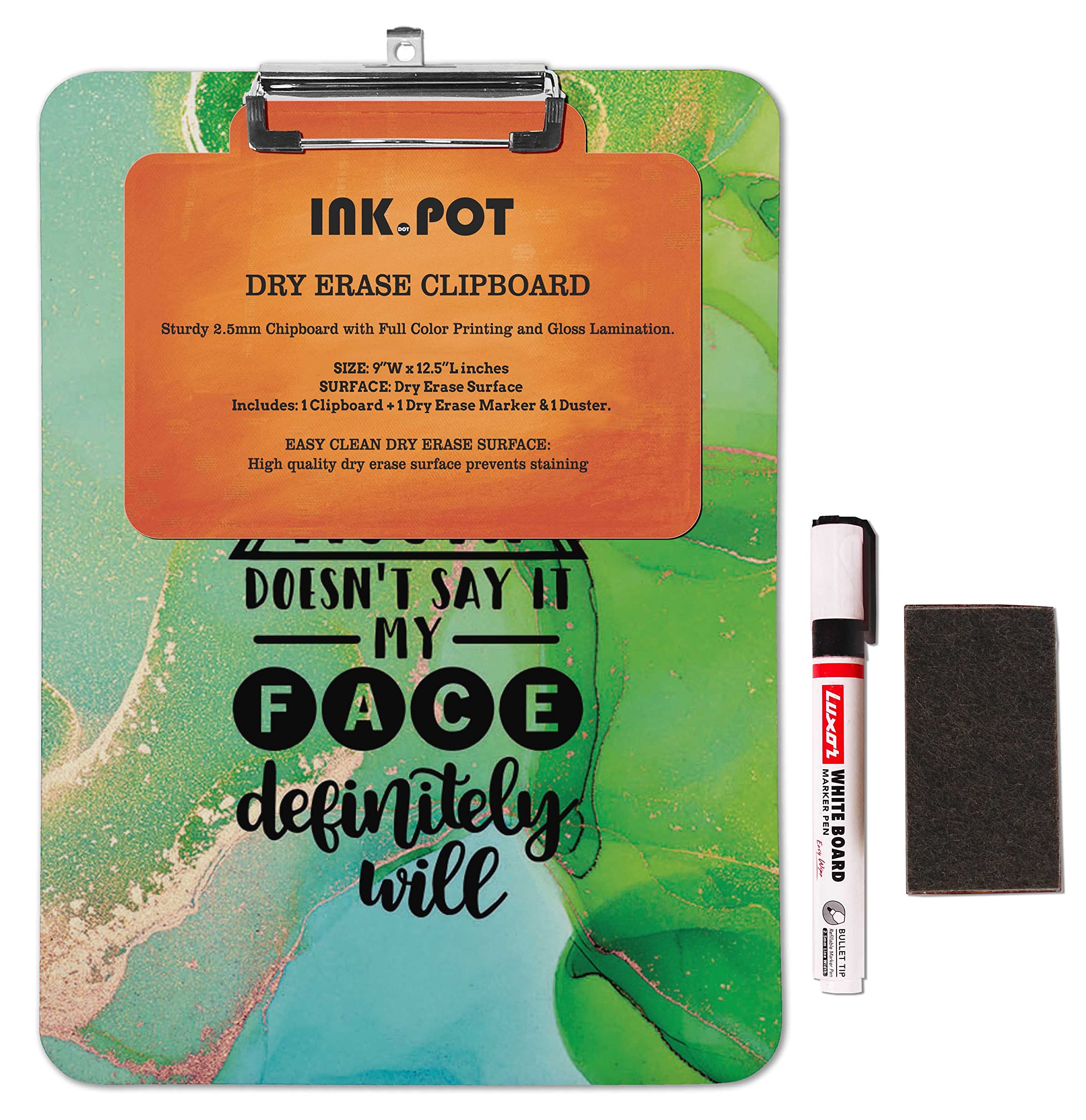 Double Sided Dry Erase Clipboard 9x12.5 - Letter Size with Marker & Duster for Office & School
