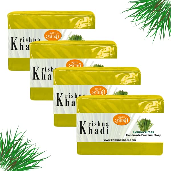 Krishna Khadi Premium Lemon Grass Soap Bar - Pack of 4 (125g Each) | 100% Pure, Gentle & Moisturizing Bath Soap for Dry Skin | Ayurvedic Herbal Body Wash for Daily Use & Spa Relaxation