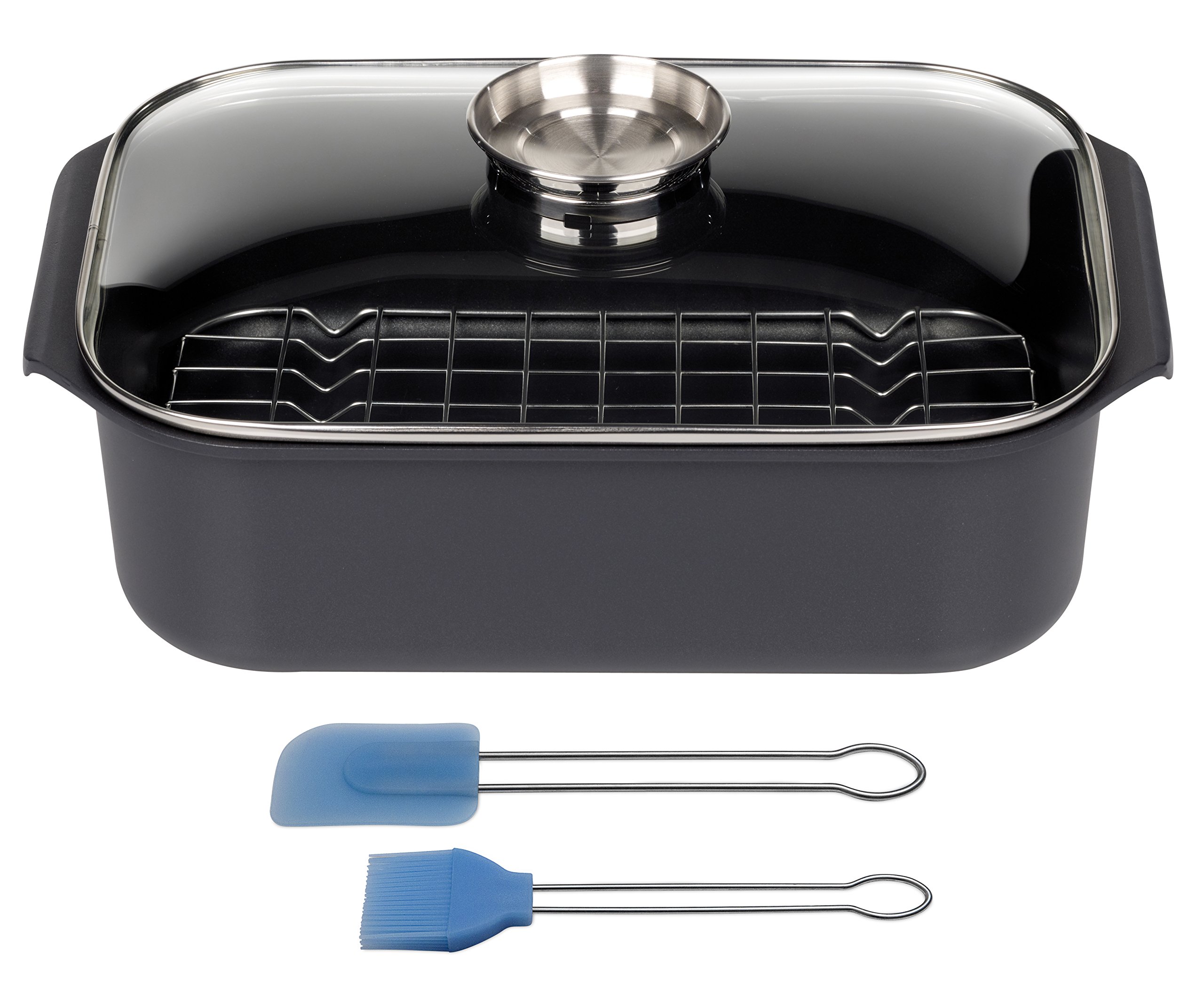 Premium 40cm Rectangular Roasting Pan with Grill Insert - 8L Cast Aluminum Roaster Dish with Basting Brush (5-Pack) - Perfect for Oven Roasting Turkey, Chicken, Vegetables & Holiday Meals