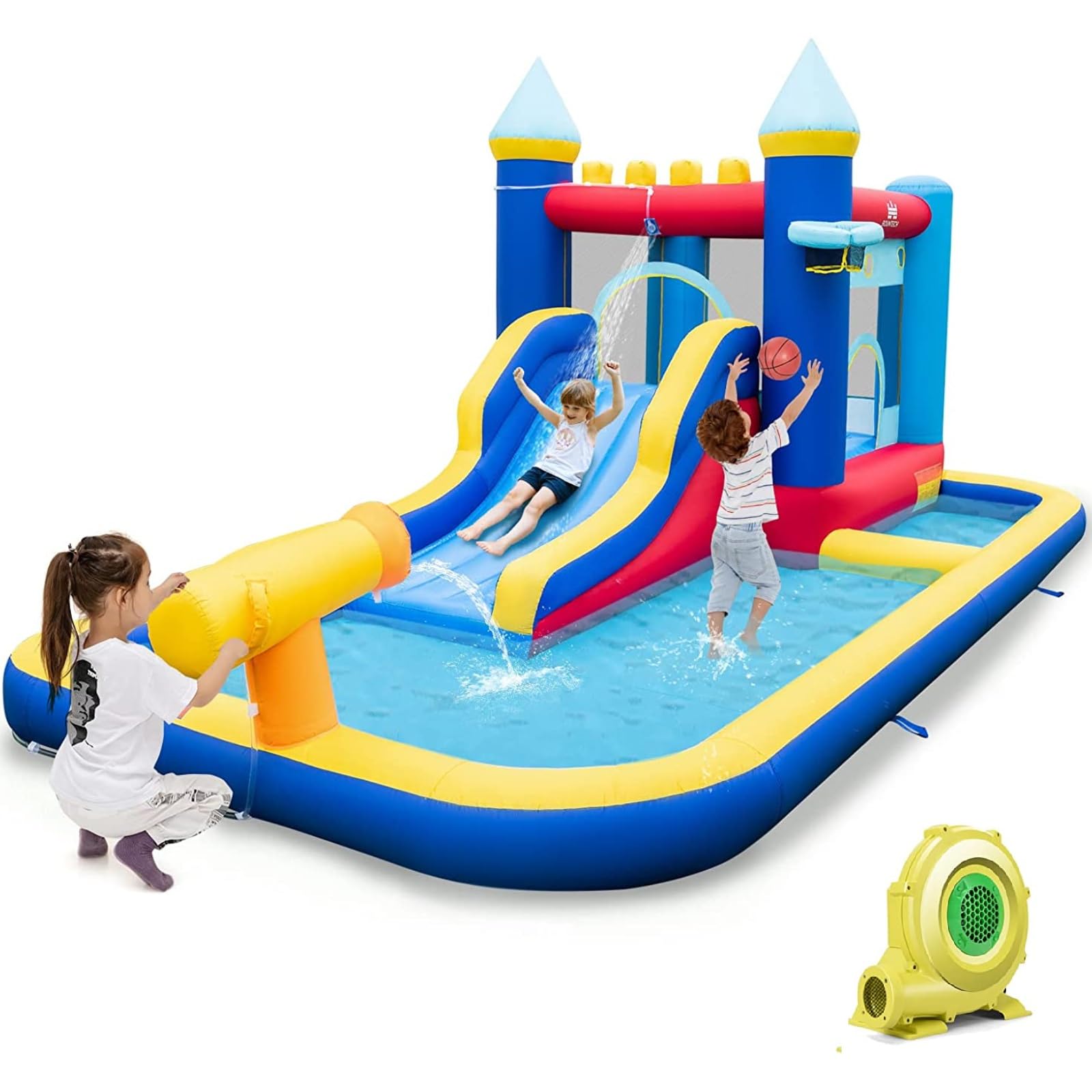 BOUNTECH Inflatable Water Slide with Ball Pit - 735W Blower Included - Kids Bounce House for Outdoor Backyard Parties, Summer Fun, Birthday Gifts & Water Play Activities