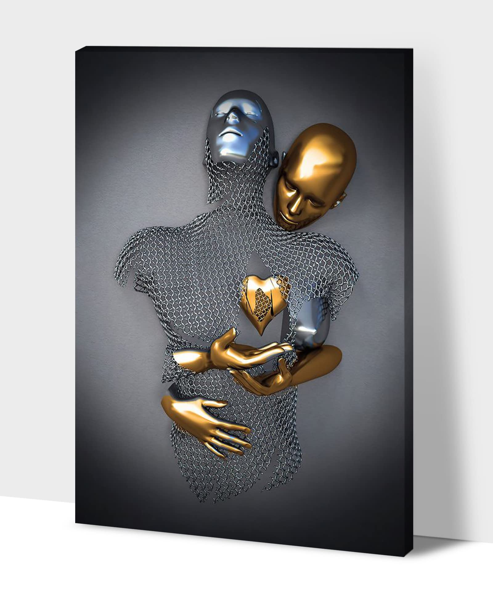 3D Metal Effect Love Heart Gray Canvas Wall Art - Romantic Hugging Couple Painting for Bedroom & Living Room Decor - Valentine's Day Gift for Couples (28x40 Inches) - Perfect for Anniversary, Wedding & Home Interior Design