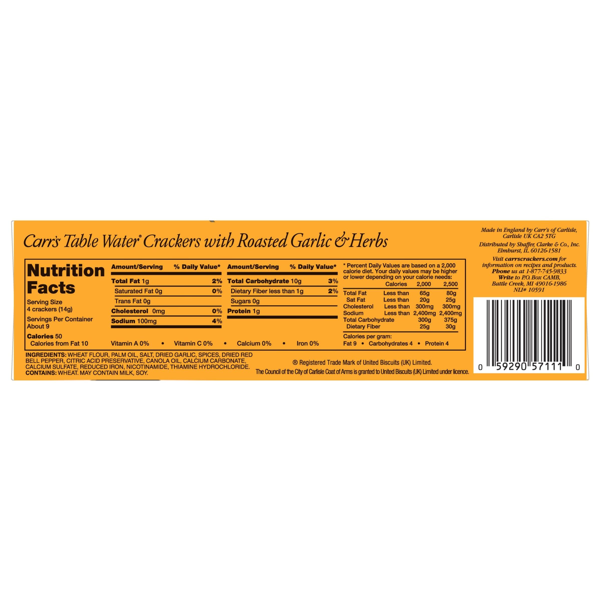 Carr's Table Water Crackers - Roasted Garlic & Herbs Flavor, Baked Snack Crackers, 4.5oz Box (Pack of 1) | Perfect for Parties, Cheese Platters & Gourmet Appetizers