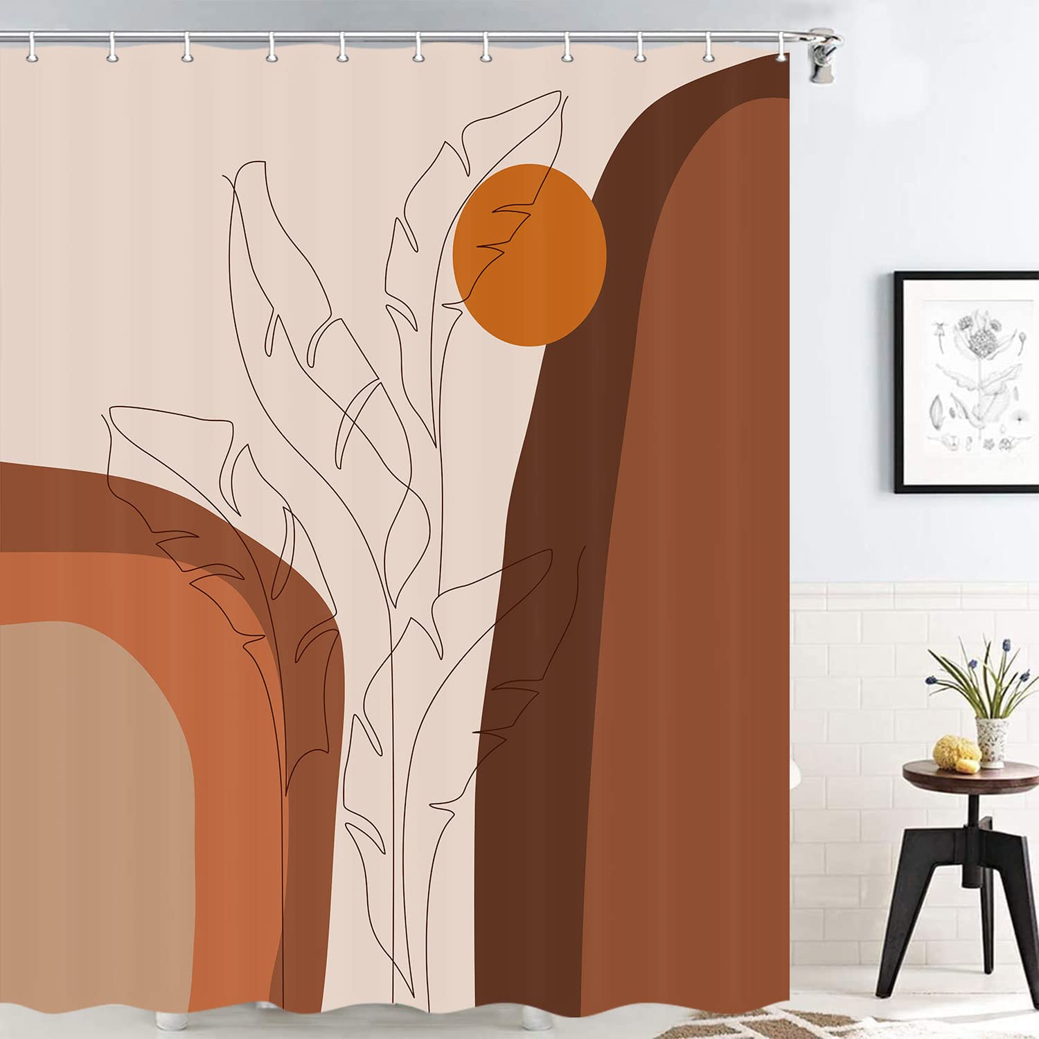 Boho Abstract Sun Rainbow Terracotta Fabric Shower Curtain - 69 x 70 Inch Mid Century Modern Bathroom Decor with Hooks | Tropical Leaves Design for Beach House, Spa & Boho Chic Bathrooms