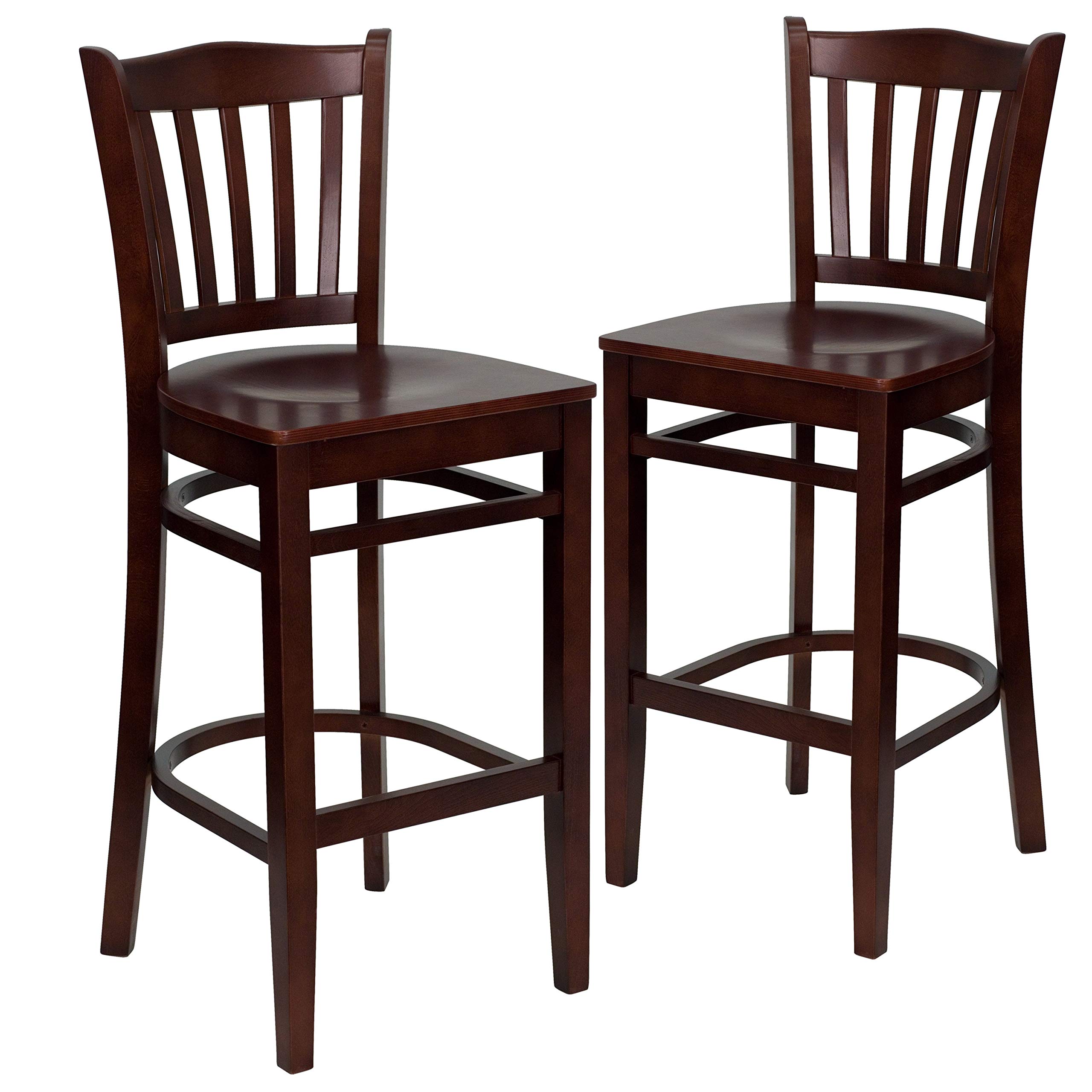 2 Pack Mahogany Wood Bar Stools with Slat Back & Footrest - Durable Restaurant & Kitchen Counter Stools for Home, Bar, Cafe, and Dining Room Use