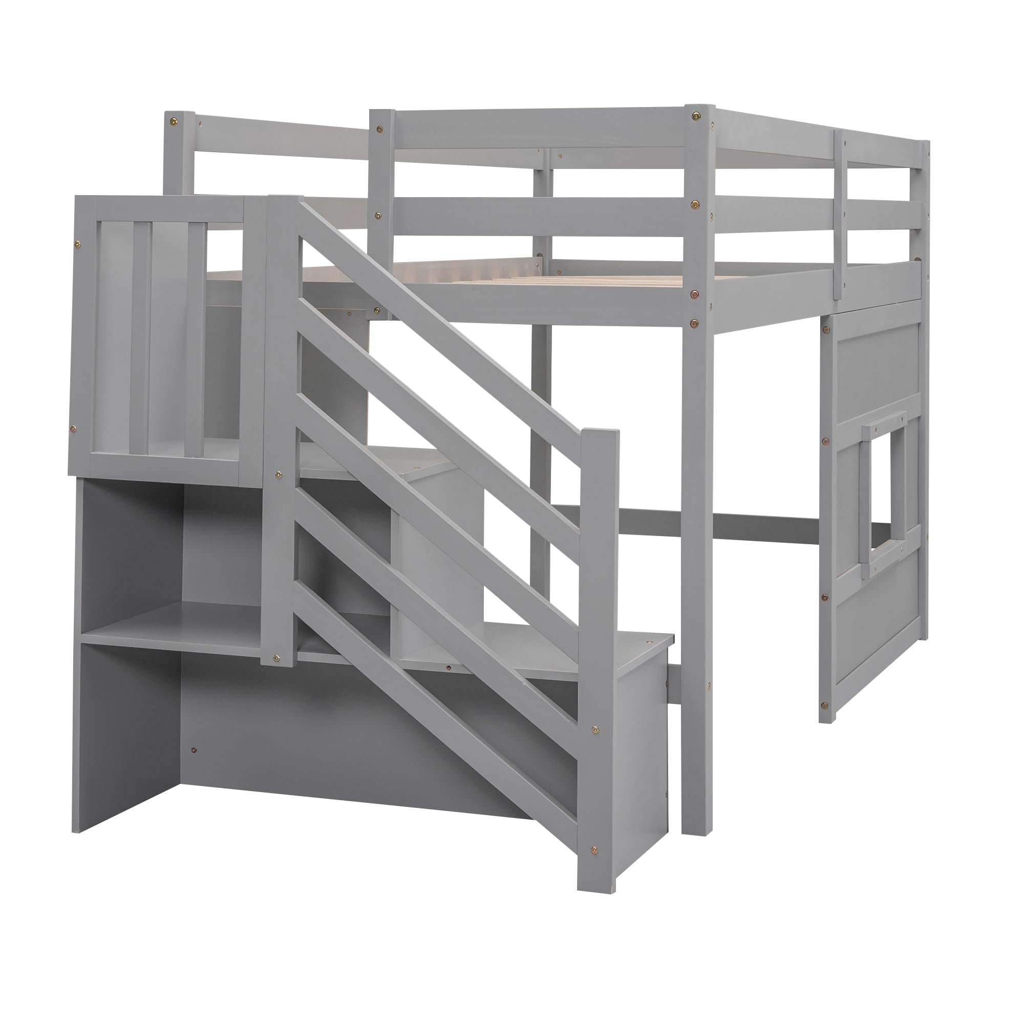 Twin Size Low Loft Bed with Stairs & Storage - Solid Wood Kids Loft Bed Frame for Boys & Girls in Gray - Space Saving Solution for Small Bedrooms, Dorm Rooms & Kids' Rooms