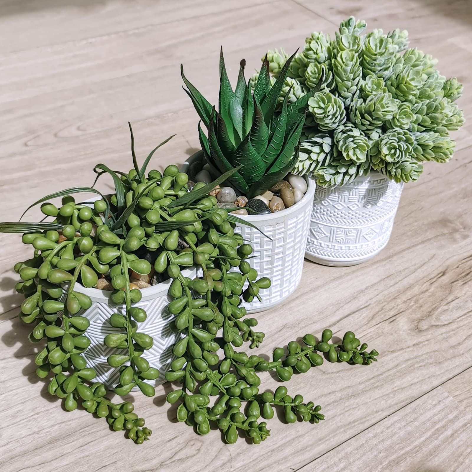 Set of 3 Artificial Succulent Plants - Fake Aloe, String of Pearls & Hops in Gray Geometric Concrete Ceramic Pots | Perfect for Home Office Desk Decor, Indoor Greenery, Housewarming Gifts & Modern Interior Design