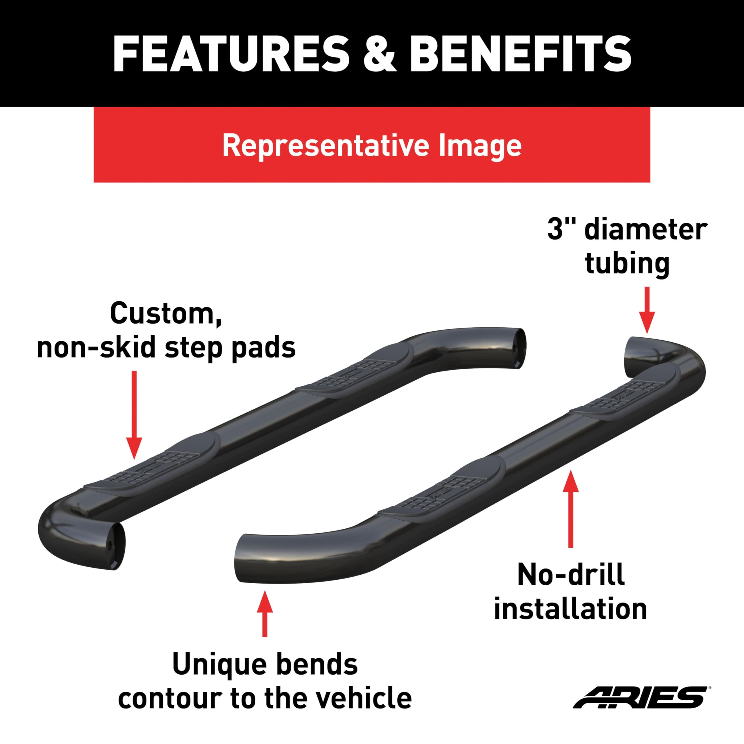 ARIES 205008 3-Inch Round Black Steel Nerf Bars - No-Drill Installation for Dodge Ram 1500/2500/3500 Trucks | Off-Road Protection & Stylish Step Access