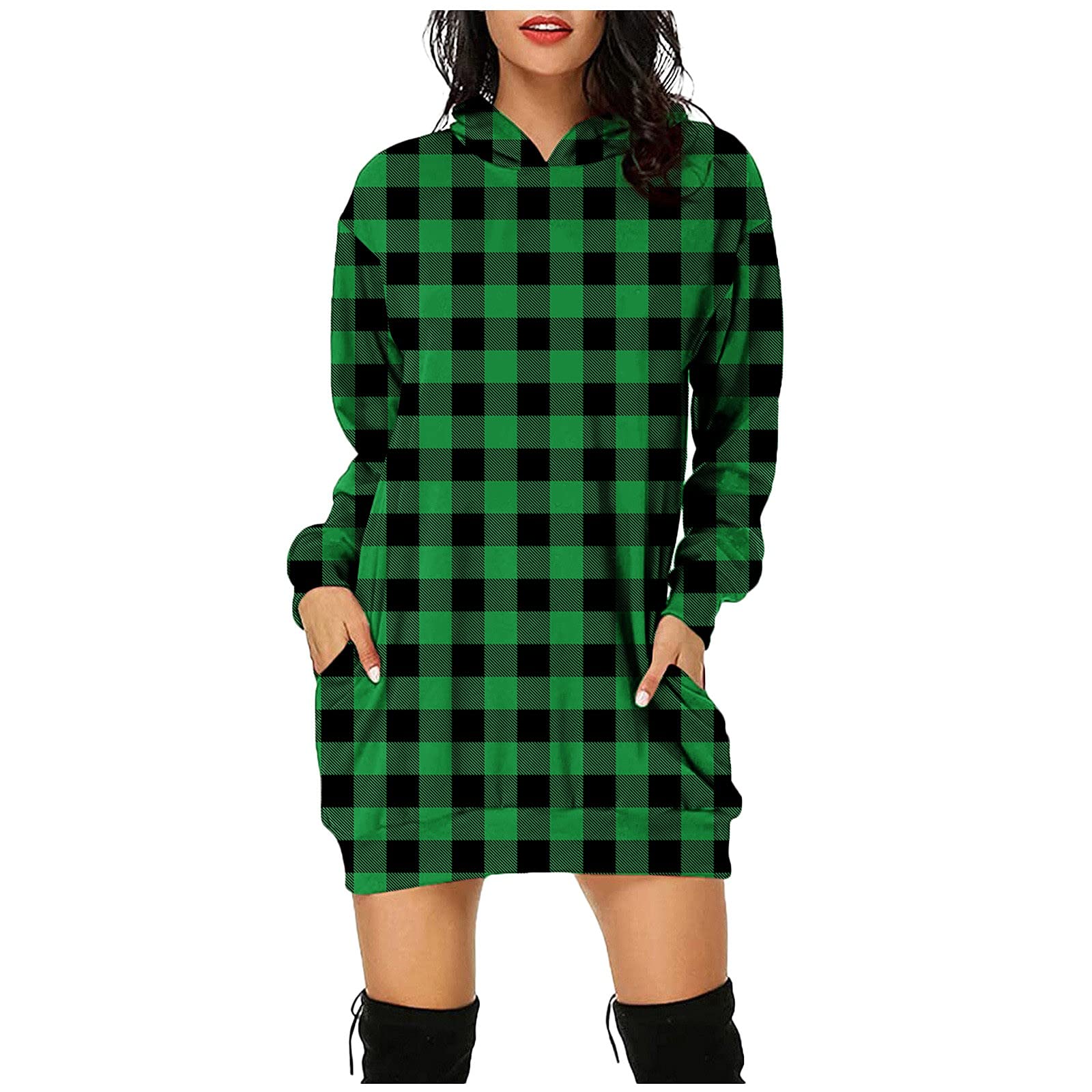 Women's Plaid Hoodie Dress - Long Sleeve Oversized Hooded Tunic Sweatshirt with Pockets, Casual Pullover Jumper Top for Valentine's Day | Perfect for Date Night, Weekend Outings and Cozy Loungewear