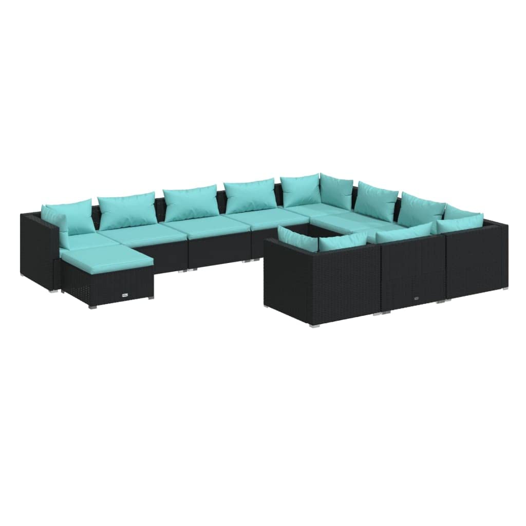 11-Piece Patio Lounge Set with Cushions - Outdoor Furniture Set - Black Poly Rattan with Water Blue Cushions - Weather-Resistant, Durable & Comfortable - Perfect for Backyard, Poolside or Garden Relaxation