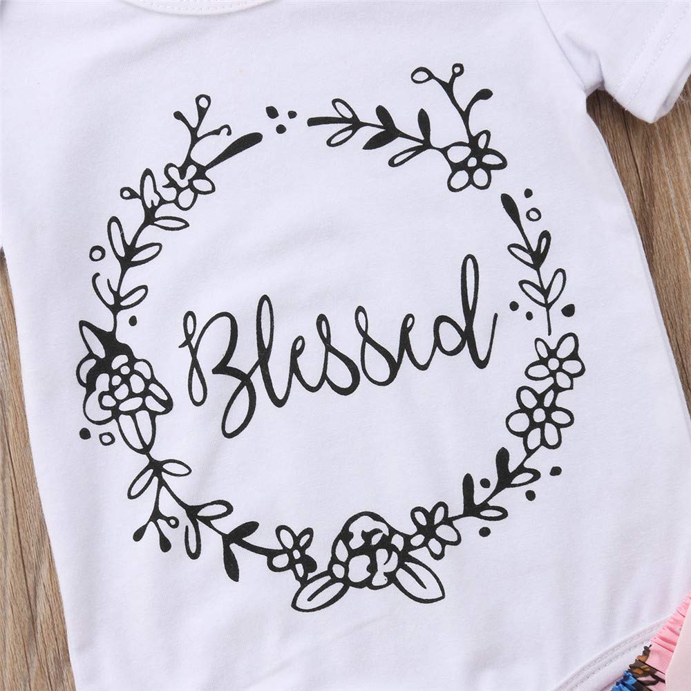 Newborn Baby Girls Floral Outfit Set - Cute Blessed Print Romper Bodysuit with Ruffle Bloomer Shorts & Headband | Perfect for Baptism, Photo Shoots & Special Occasions
