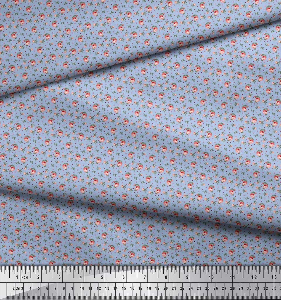 Soimoi Poly Georgette Blue Fabric by The Yard - 52 Inch Wide Printed Fabric with Romantic Dot, Leaves & Rose Patterns - Perfect for Dresses, Scarves, Curtains & DIY Craft Projects