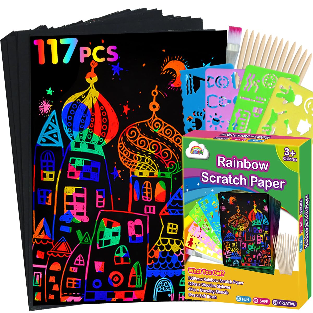 ZMLM Rainbow Scratch Paper Kit: 117Pcs Magic Art Craft Supplies for Kids Ages 3-12, DIY Drawing Pad Set for Boys & Girls, Educational Toy, Creative Activity, Party Favors, Christmas Birthday Gifts for Classroom, Home, Travel Fun