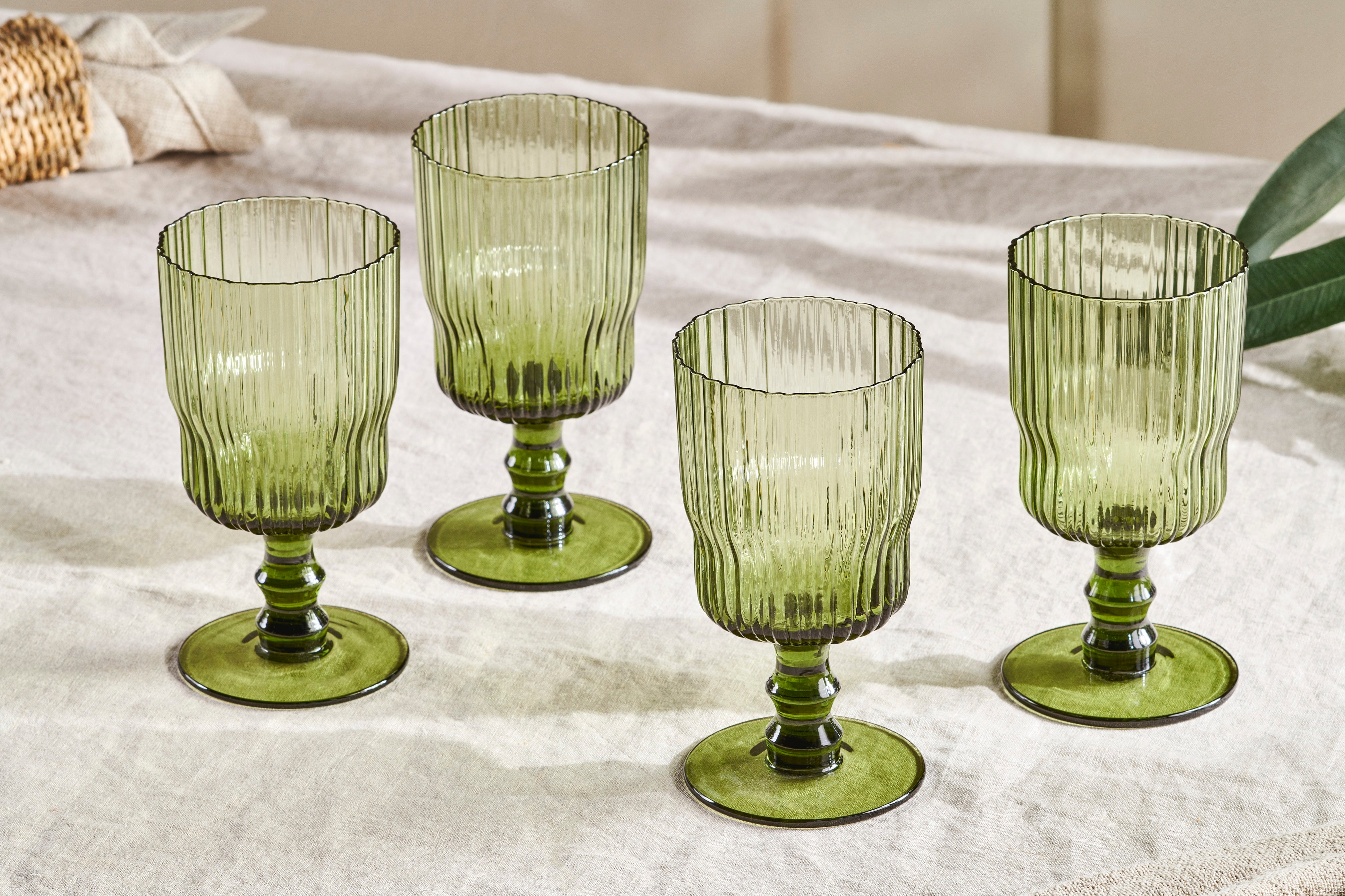 Elegant Green Ribbed Wine Glass Set - 12 oz Stemware for Red & White Wine, Perfect for Dinner Parties, Weddings & Home Decor