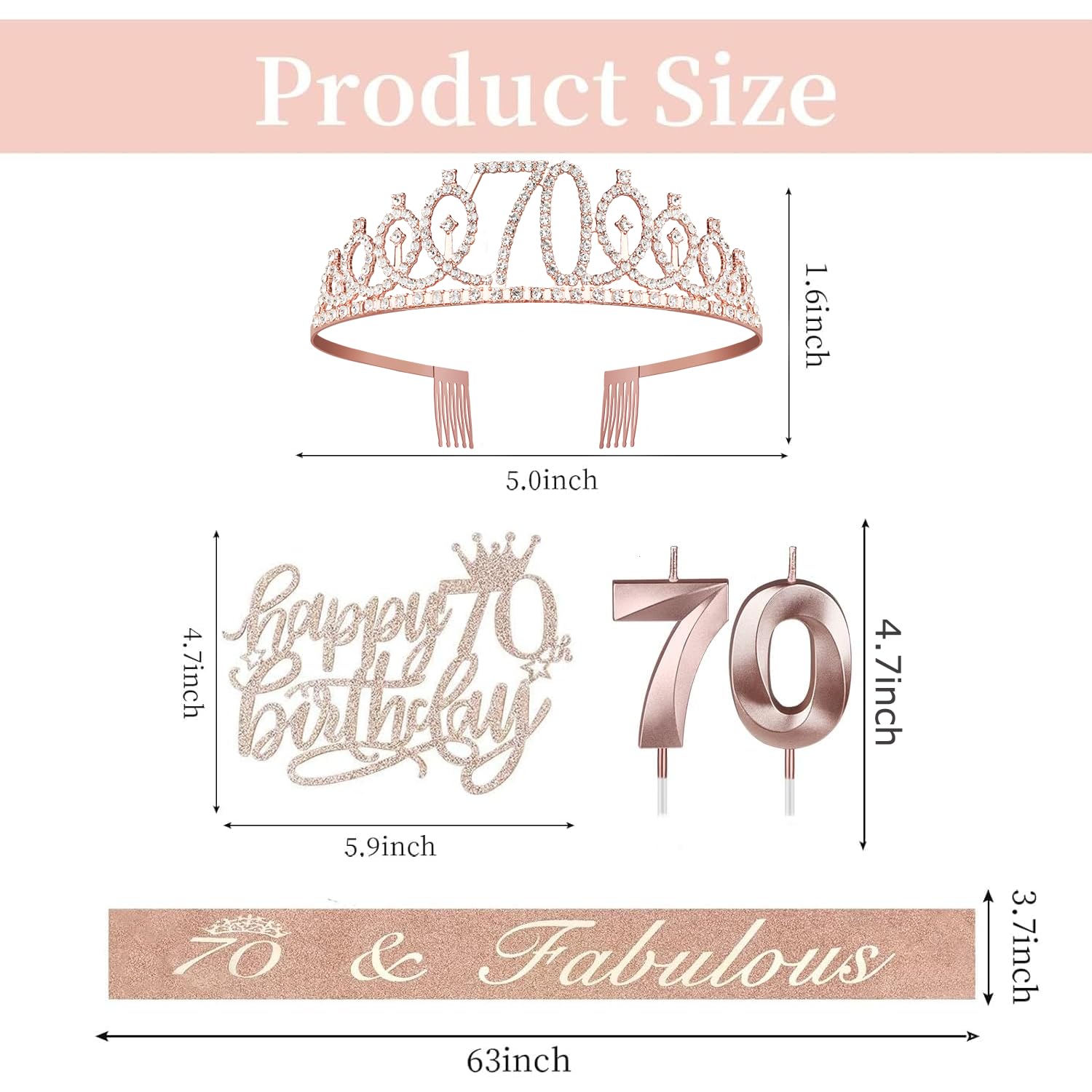 Elegant 70th Birthday Party Decorations for Women - Sash, Crown/Tiara, Candles & Cake Topper Set - Perfect 70th Birthday Gifts for Mom, Grandma - Great for Milestone Celebrations & Retirement Parties