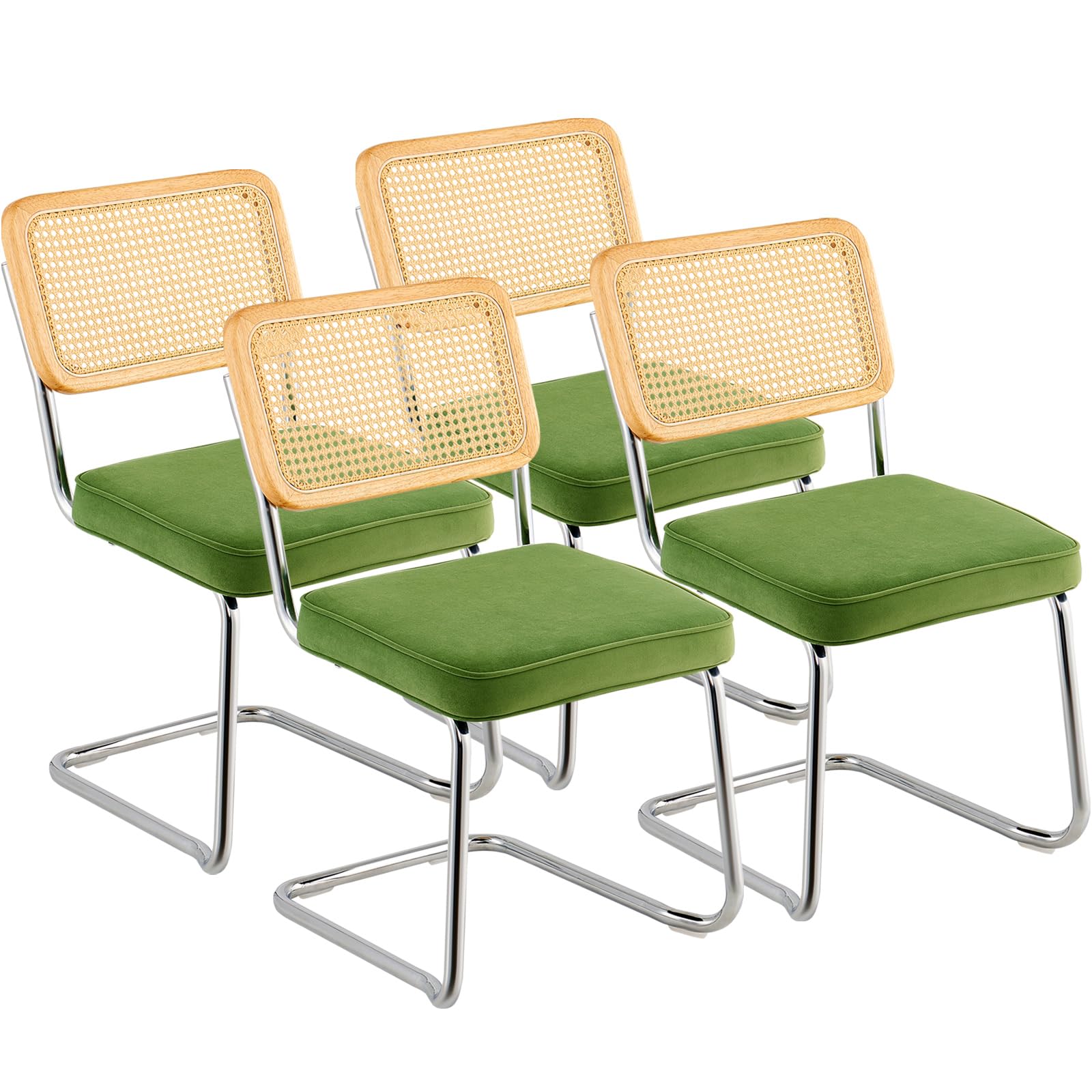 VEVOR Set of 4 Mid Century Modern Rattan Dining Chairs - Velvet Upholstered Accent Chairs with Woven Back - 18.1 Inch Retro Kitchen & Dining Room Chairs for Living Room, Bedroom, Patio & Outdoor Entertaining