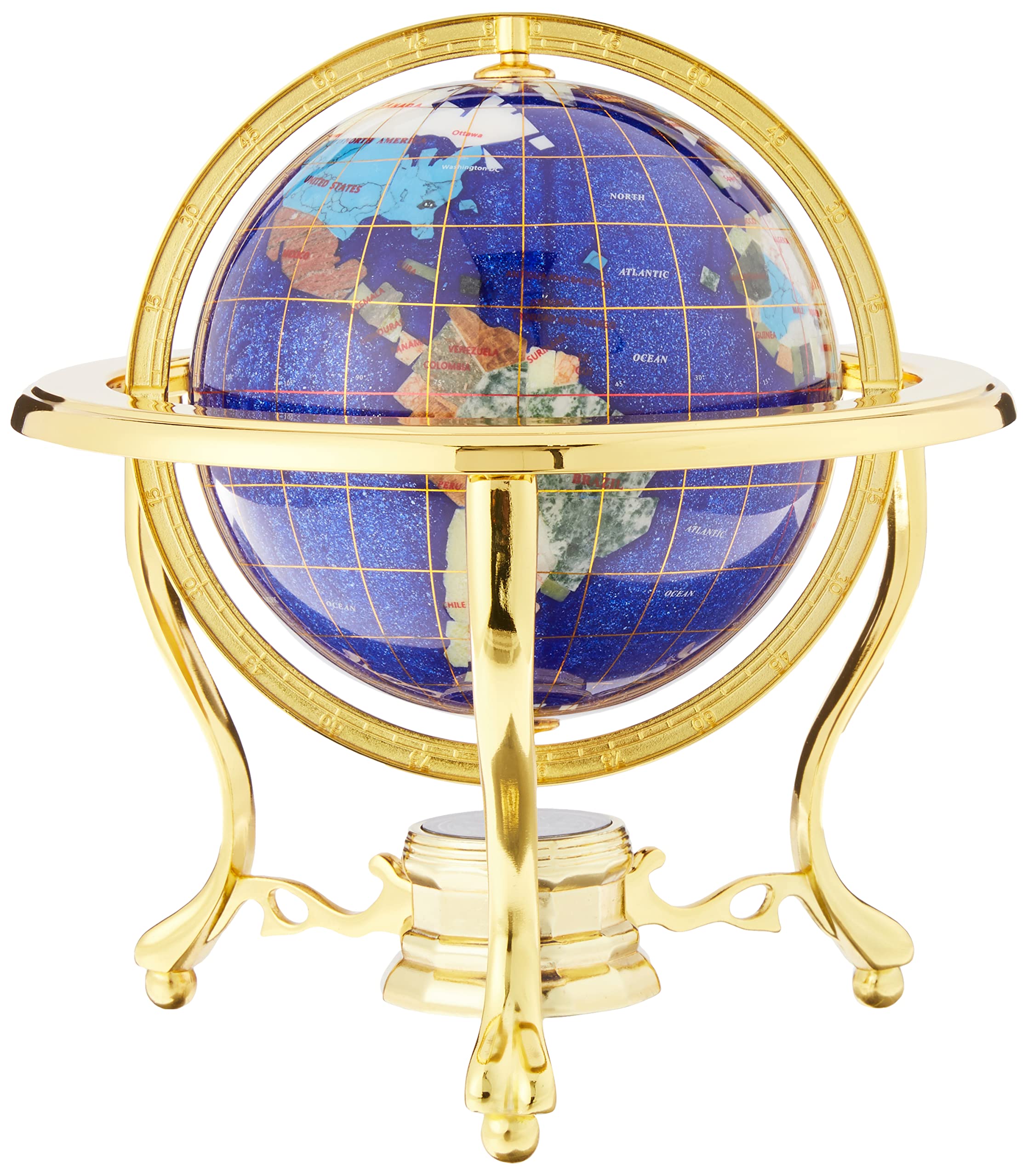 10-Inch Blue Crystallite Ocean Gemstone World Globe with Gold Tripod Stand - Unique Art Tabletop Decor for Home, Office & Gift Giving