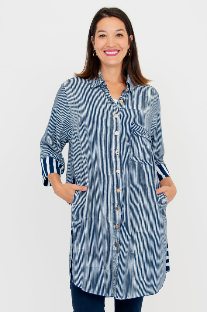 Jimal Women's Indigo Stripe Blouse - Casual Long Sleeve Button Down Shirt for Work, Office & Everyday Wear