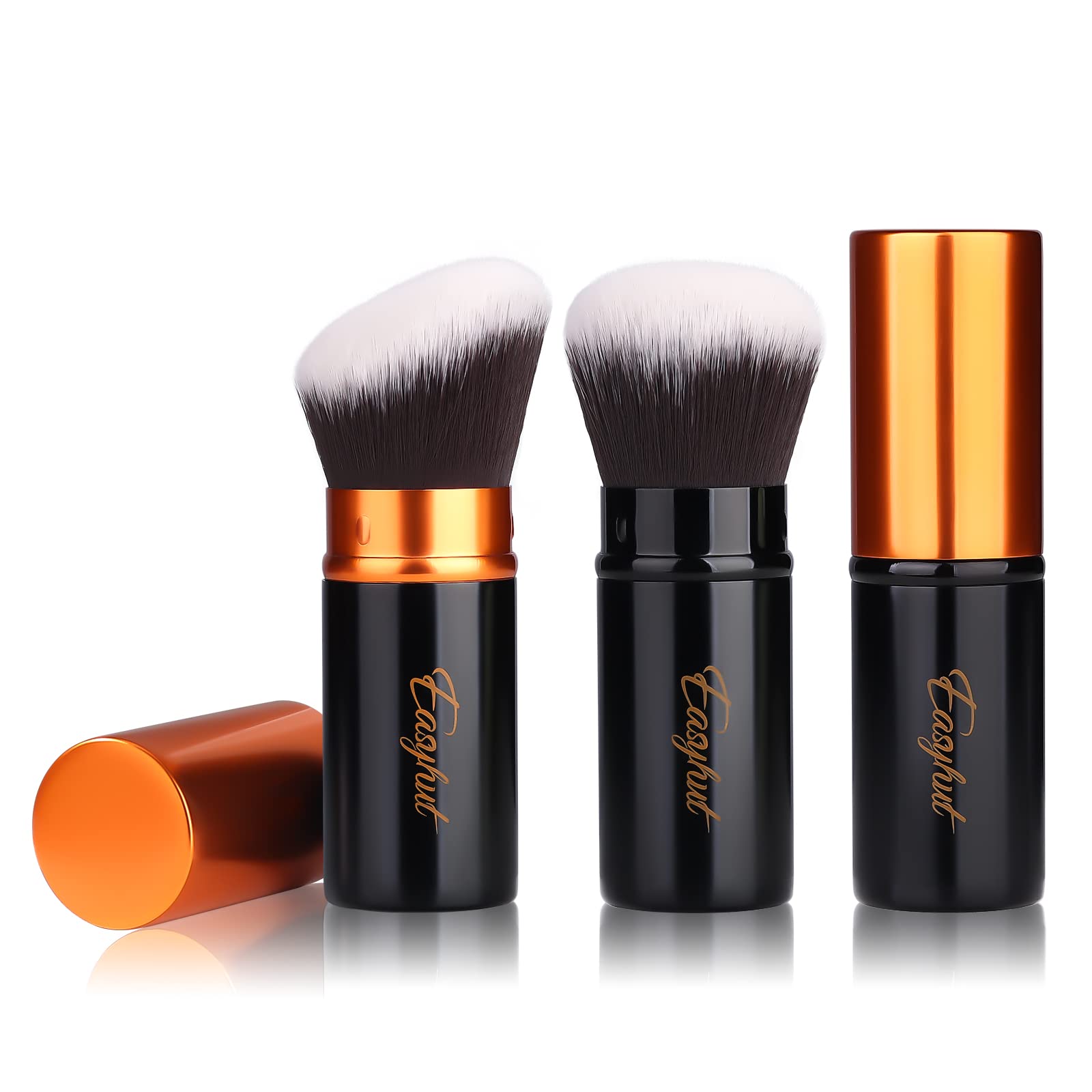Retractable Kabuki Makeup Brush Set - 2 Pack Flat & Angled Foundation & Blush Brushes for Liquid, Cream & Powder Cosmetics | Travel-Friendly | Orange & Black | Perfect for On-The-Go Touch Ups & Professional Makeup Application
