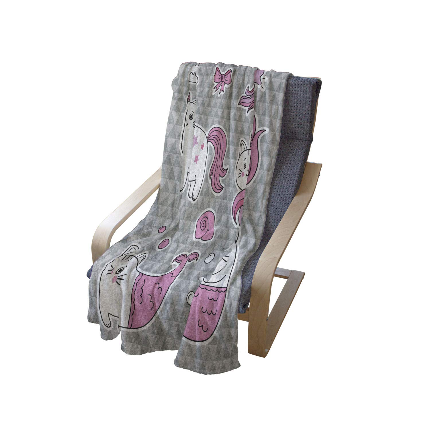 Ambesonne Unicorn Cat Throw Blanket - Soft Flannel Fleece Blanket with Cat, Unicorn & Mermaid Underwater Design - 50x60 Inch Grey Pale Pink White Blanket for Couch, Bed, Sofa - Perfect for Home Decor, Gift & Cozy Nights