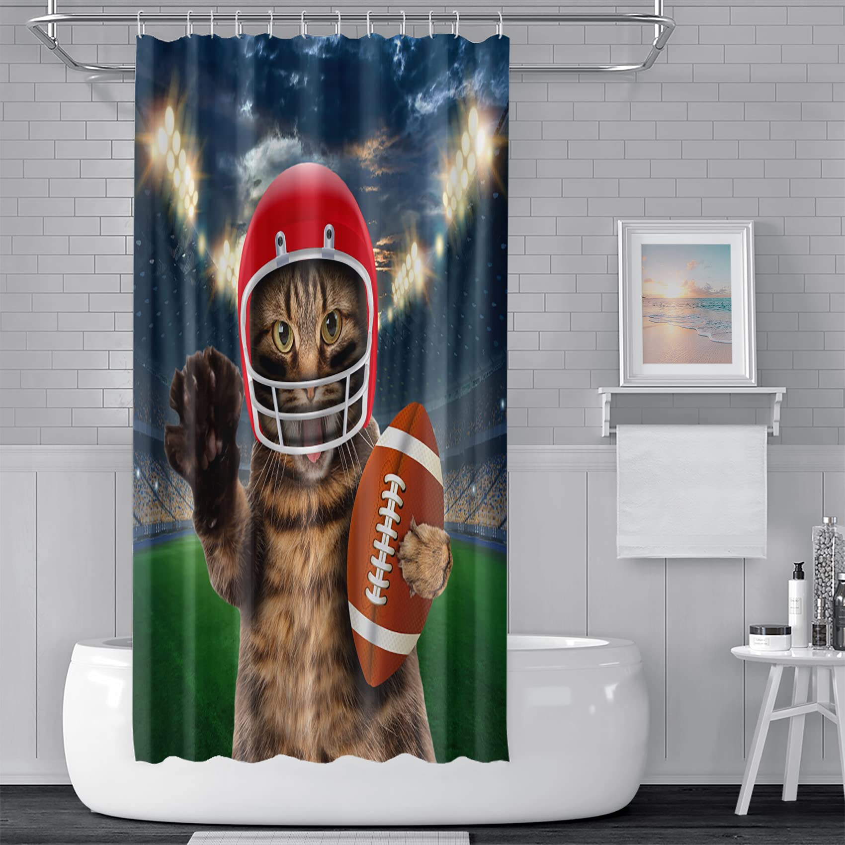 Yeele Baseball Themed Shower Curtain - Cool Cat with Helmet & Glove Design, 71x71 Inch Polyester Bath Curtain with Hooks for Kids & Sports Fans - Perfect for Baseball Bedroom & Bathroom Decor