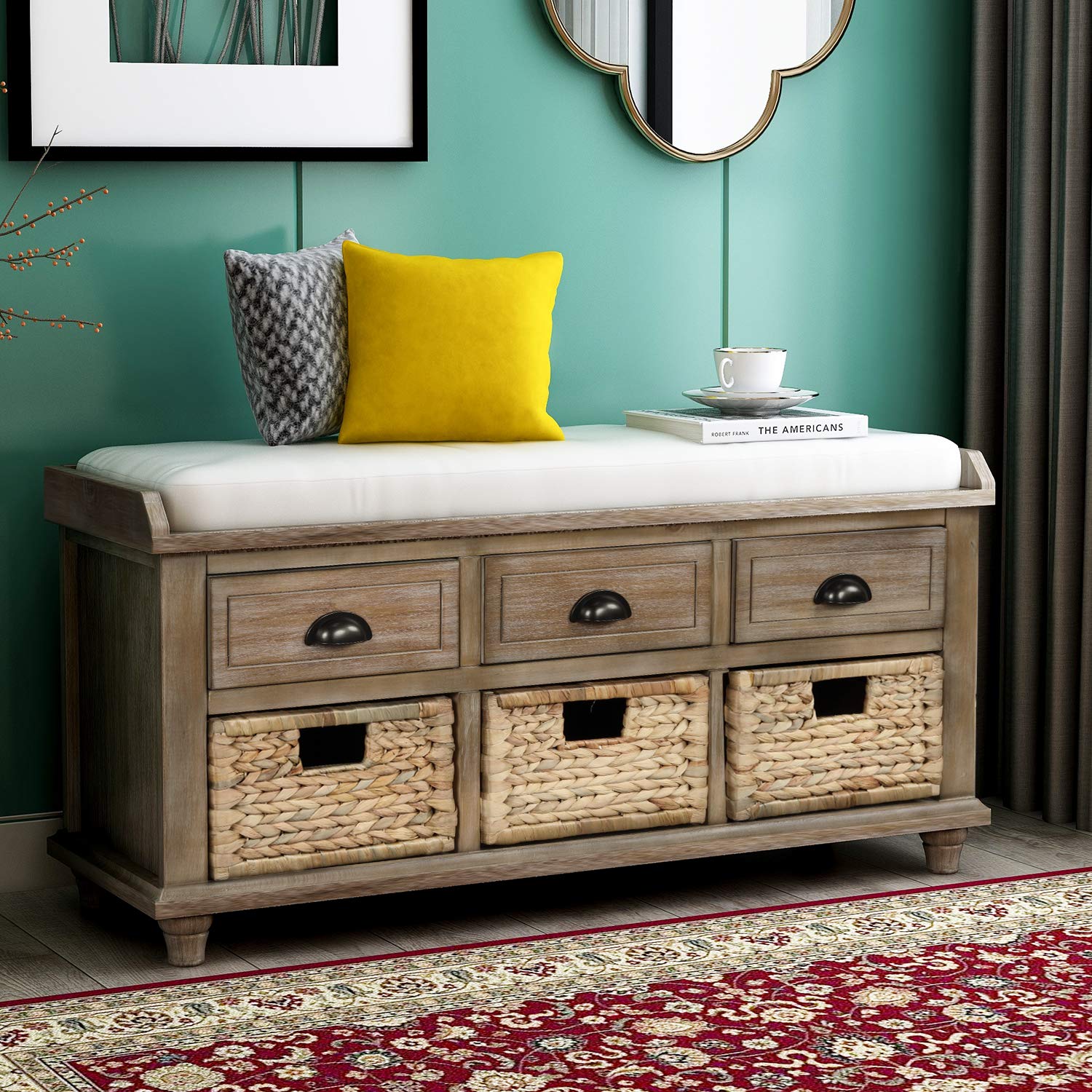 Rustic Entryway Storage Bench with Drawers & Baskets - Shoe Organizer for Living Room & Hallway