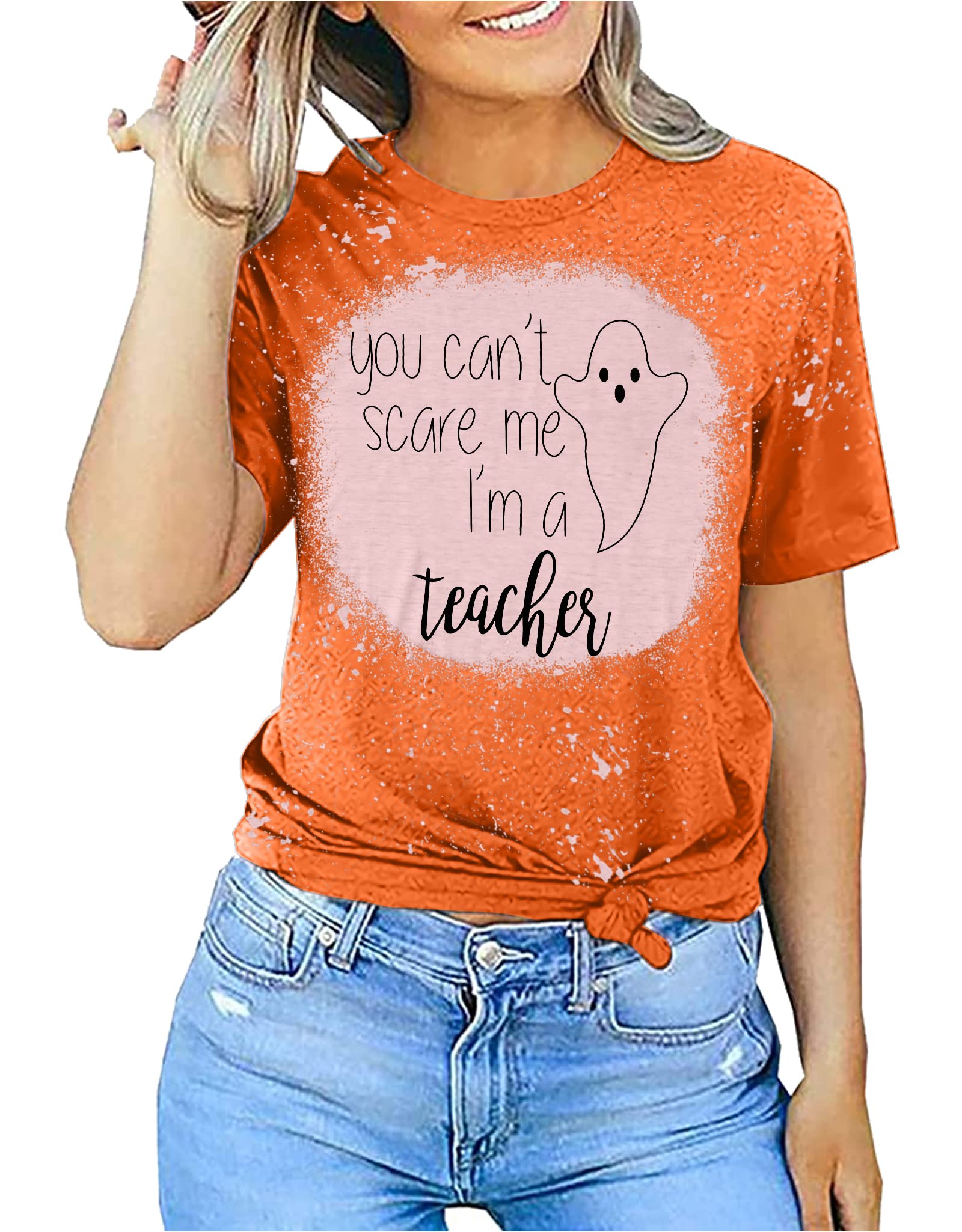 Halloween Teacher T-Shirt - 'You Can't Scare Me I'm a Teacher' Funny Graphic Tee with Witch & Pumpkin Design - Perfect for Classroom, Costume Parties & Spooky Season Outfits