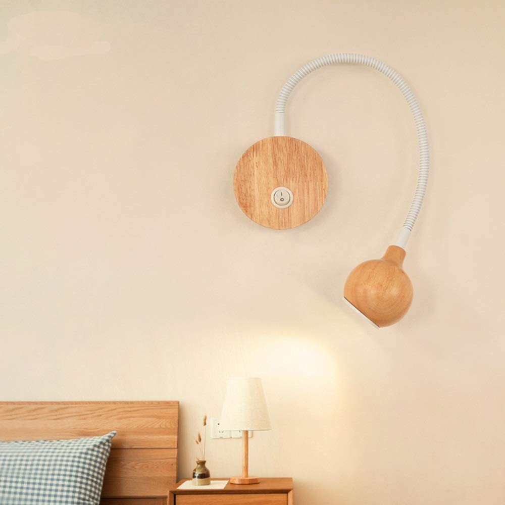 Adjustable Wood LED Wall Lamp with Knob Switch - Directional Reading Light for Bedroom & Nightstand - Modern Indoor Lighting (Silver) - Perfect for Bedside, Study Nook & Cozy Reading Corners