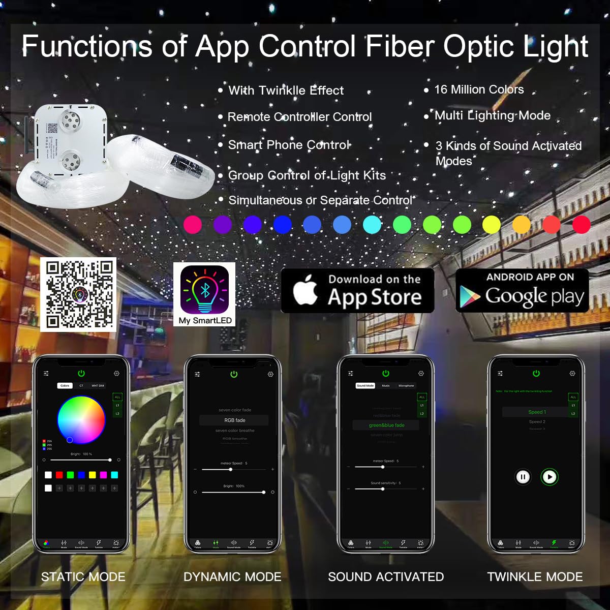 AKEPO 32W RGBW Twinkle+APP+Sound Activated Dual Head Fiber Optic Lights Kit - 1110pcs 16.4ft/5m Mixed Fiber Optic Strands for Star Ceiling & Sky Light - Perfect for Home Indoor Decor, Car Headliner Starlight, Bedroom Ambience & Party Lighting