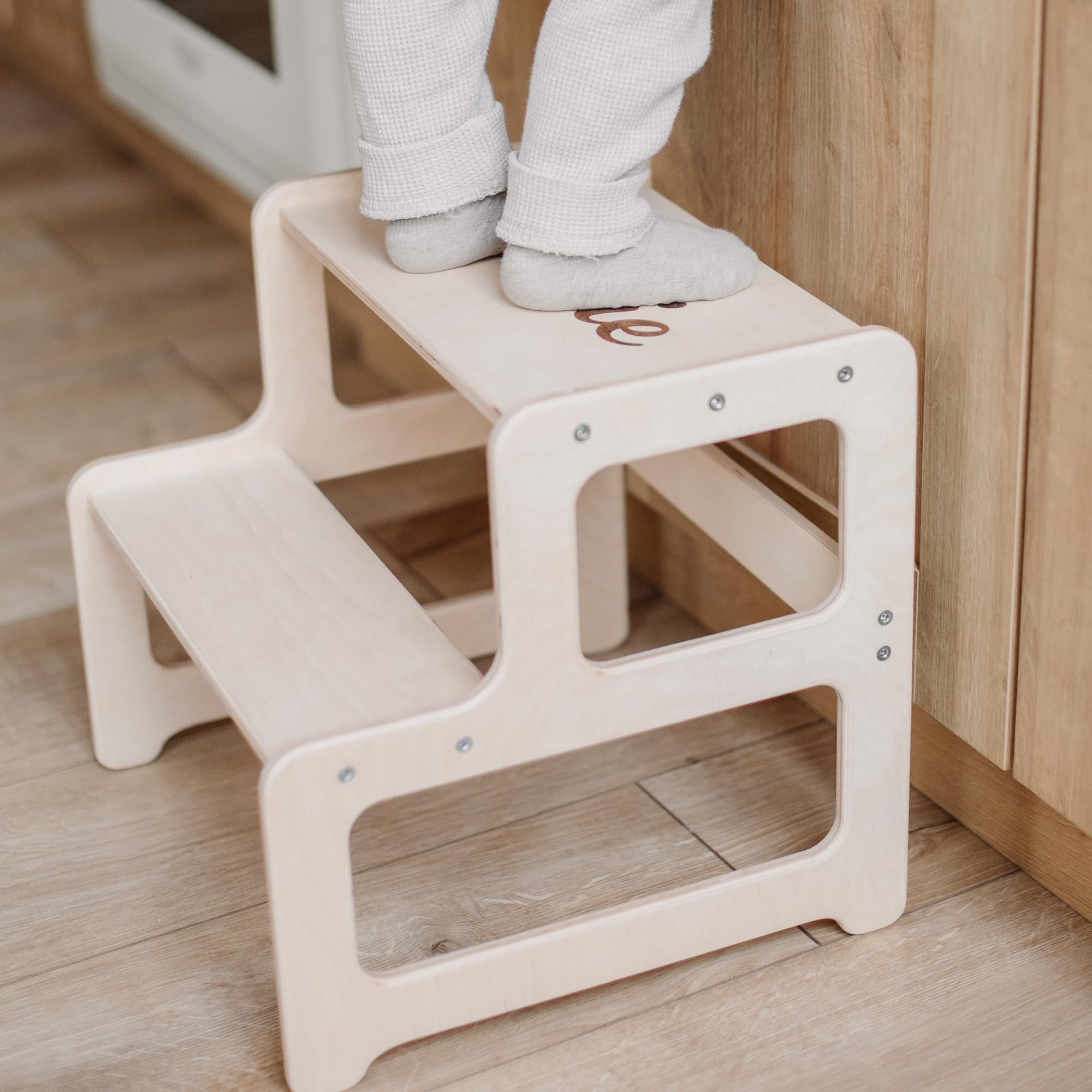 Montessori Kitchen Tower for Toddlers - Natural Wood Learning Stool with Extra Chair - Safe Step-Up Helper for Cooking & Baking Activities