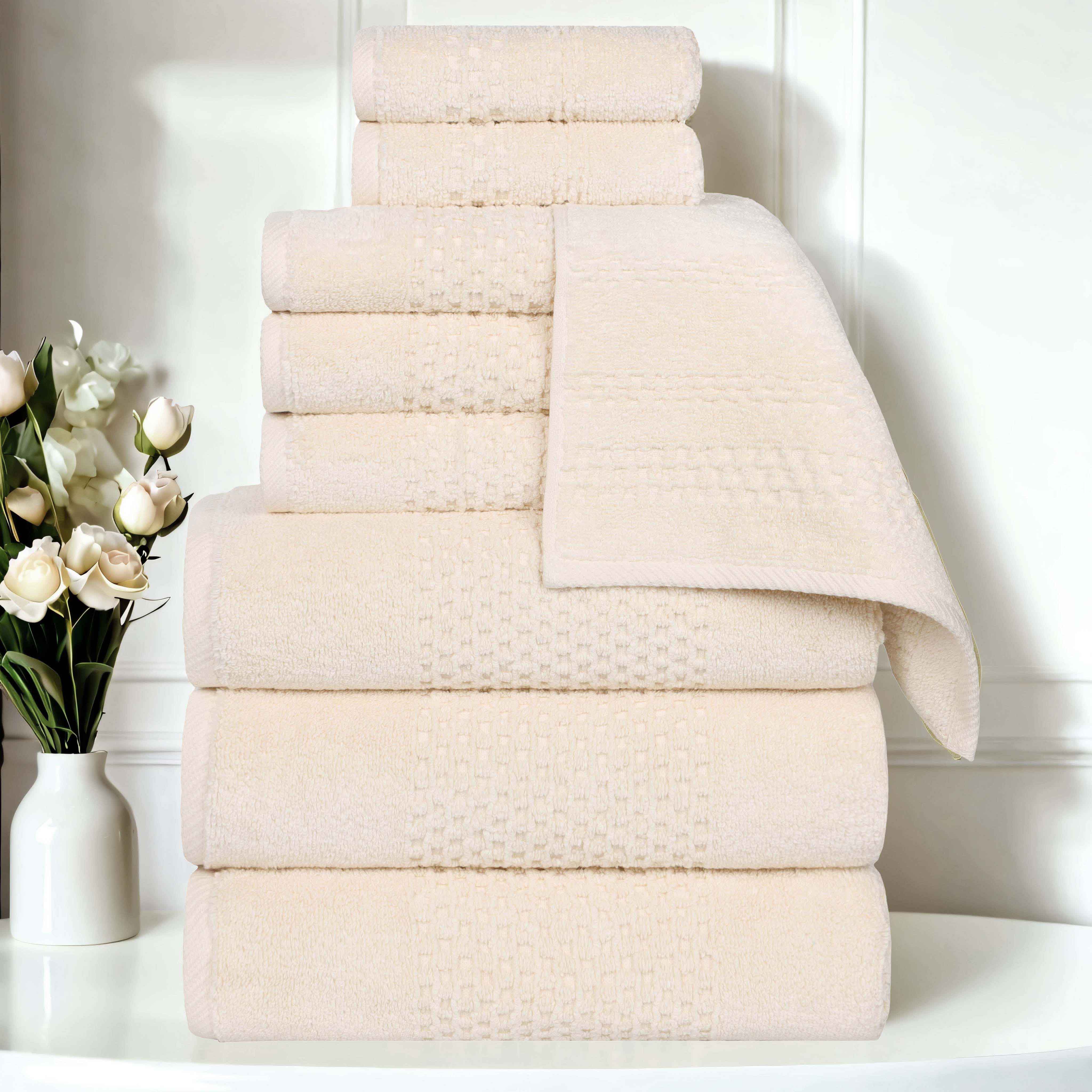 Playa Zero Twist Cotton Solid Waffle Textured 9-Piece Towel Set | Ultra Soft & Absorbent Bath & Beach Towels for Spa, Pool, Gym & Home Use