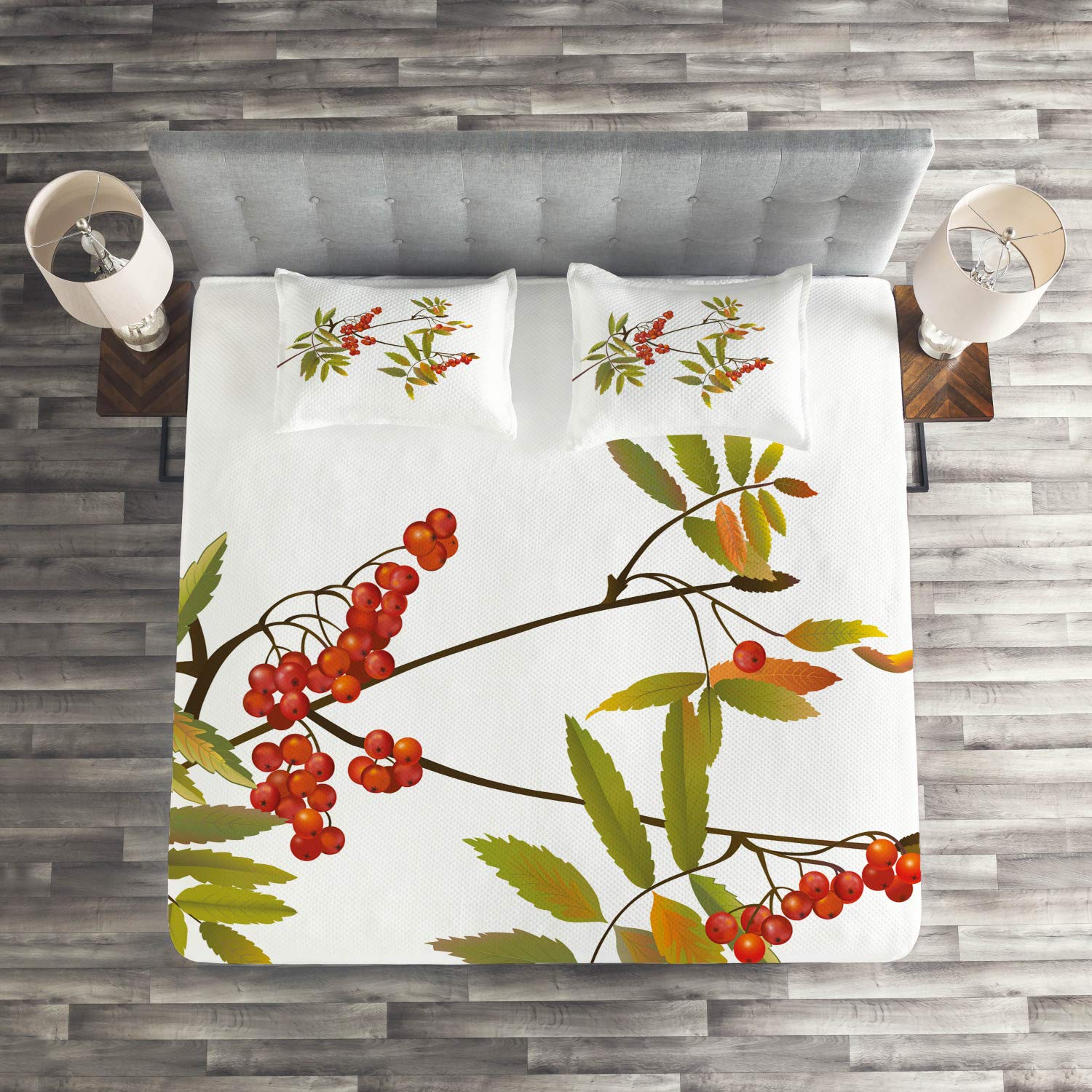 Ambesonne 3-Piece King Size Coverlet Set with 2 Pillow Shams - Botanical Ashberry Tree Branch Spring Design in White Green Ruby - Lightweight Bedspread for Master Bedroom, Guest Room & Seasonal Decor