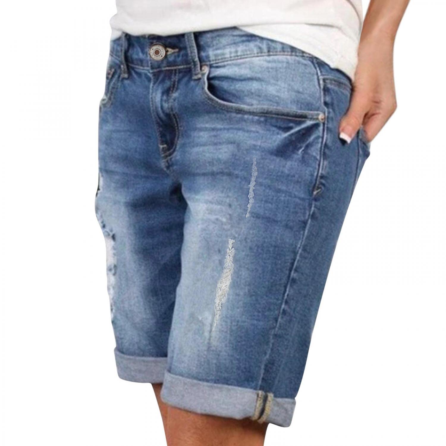 Women's Casual Denim Bermuda Shorts with Pockets - Distressed Rolled Hem Jeans Shorts for Summer | Perfect for Beach, Travel & Everyday Wear