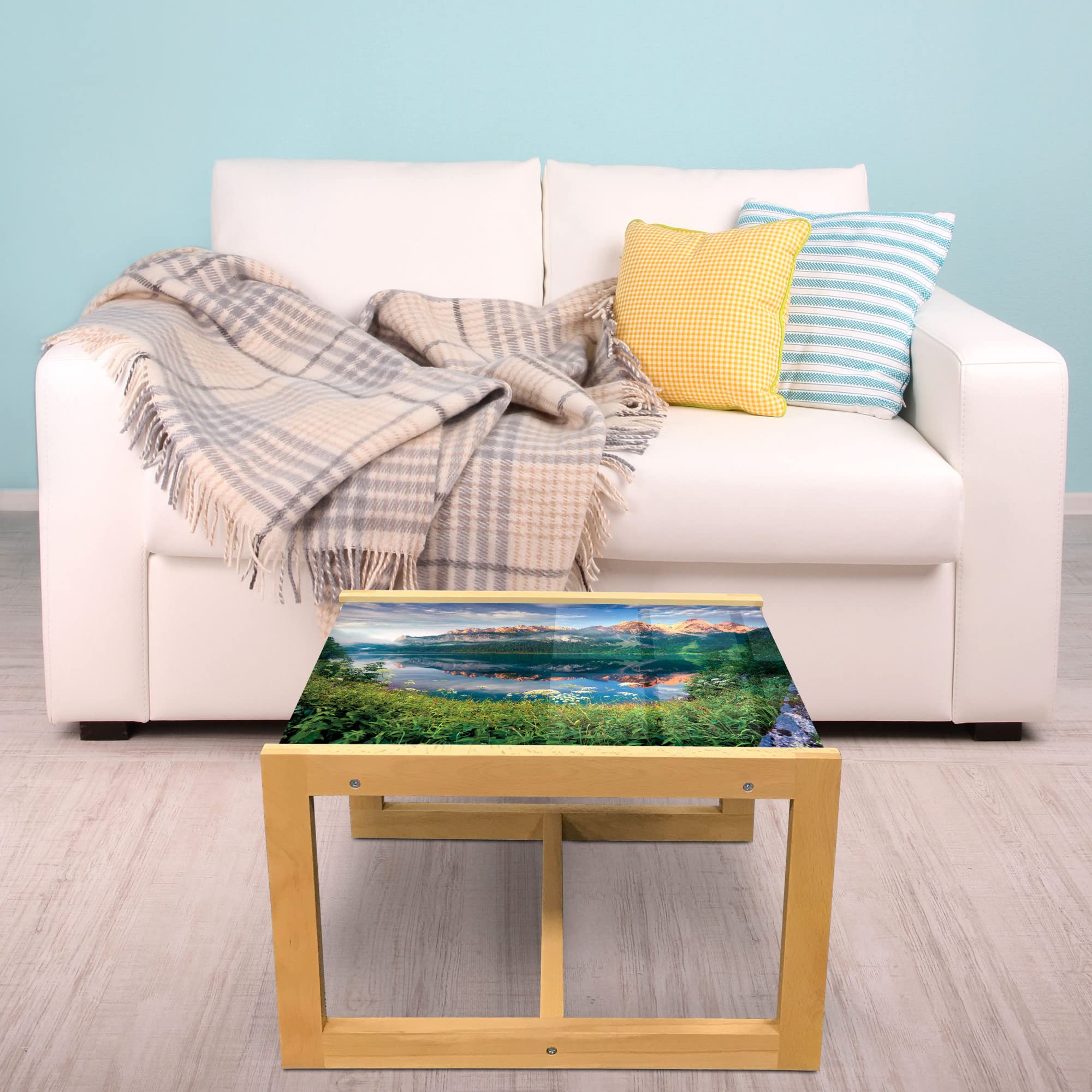 Ambesonne Mountain Coffee Table - Sunny Summer Morning on Lake Austrian Alps with Crystal Mirroring Water, Acrylic Glass Center Table with Wooden Frame for Living Room, Office, Dorm - Large Green Blue Peach Design - Perfect for Home Decor, Modern Spaces & Cozy Gatherings