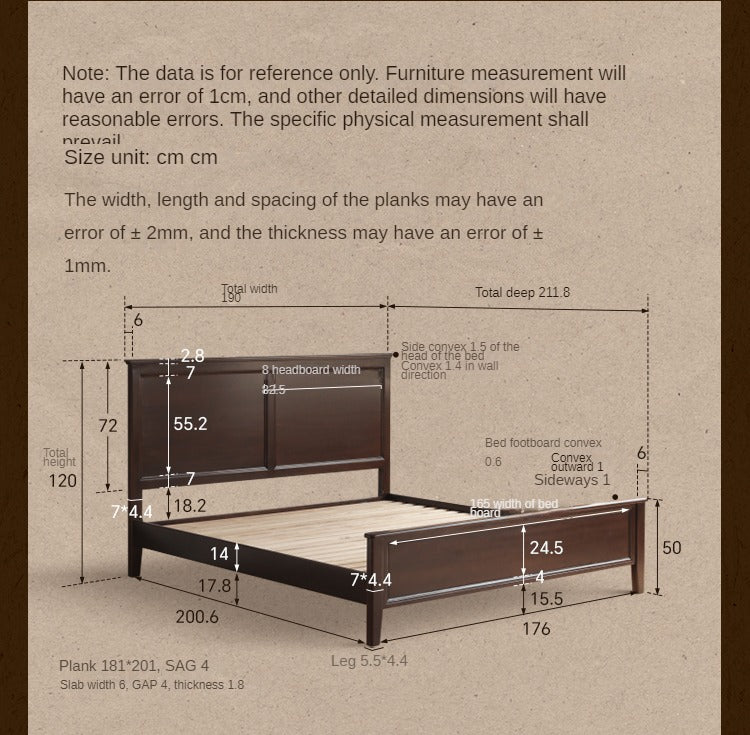 Solid Poplar Wood Bed - Modern American Retro High Back Bed Frame for Bedroom, Guest Room & Master Suite