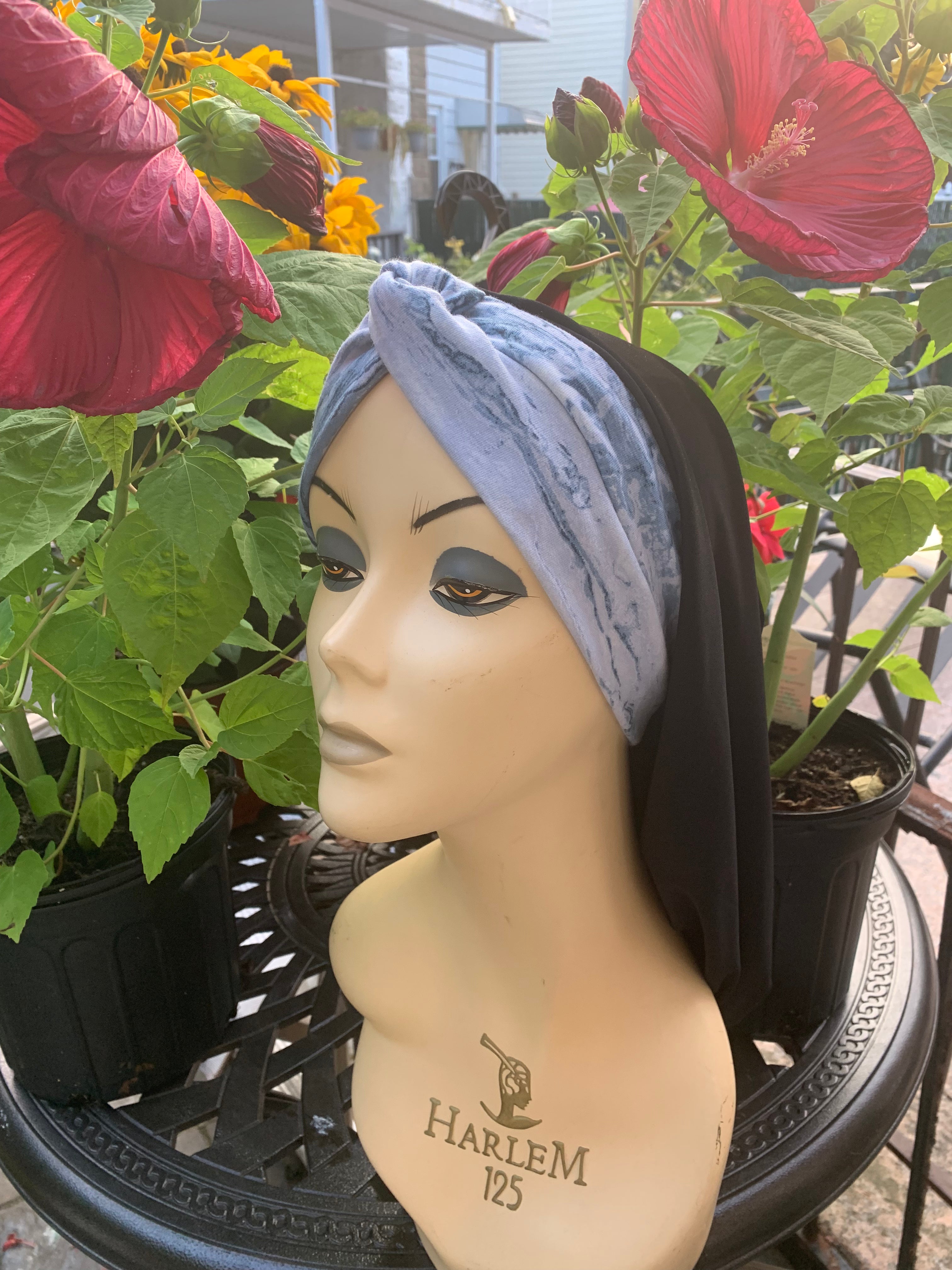 Black & Light Blue Snood Turban Hijab - Made in USA - Stylish & Comfortable Headwear for Women - Perfect for Daily Wear, Workouts & Special Occasions