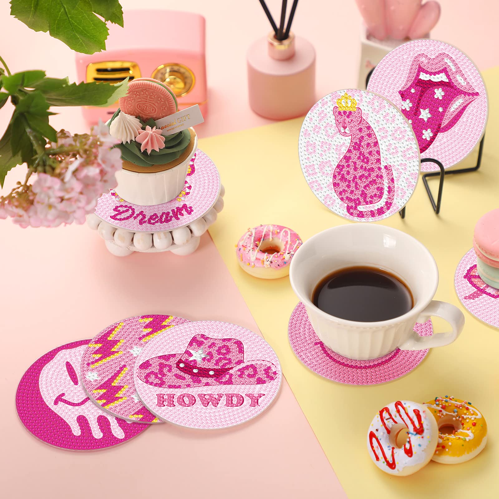 8 Pcs Preppy Diamond Painting Coasters with Holder - Smile Face Pink Butterfly DIY Art Kit for Adults, Beginners, Gift Supplies | Home Decor, Party Favors, Craft Projects