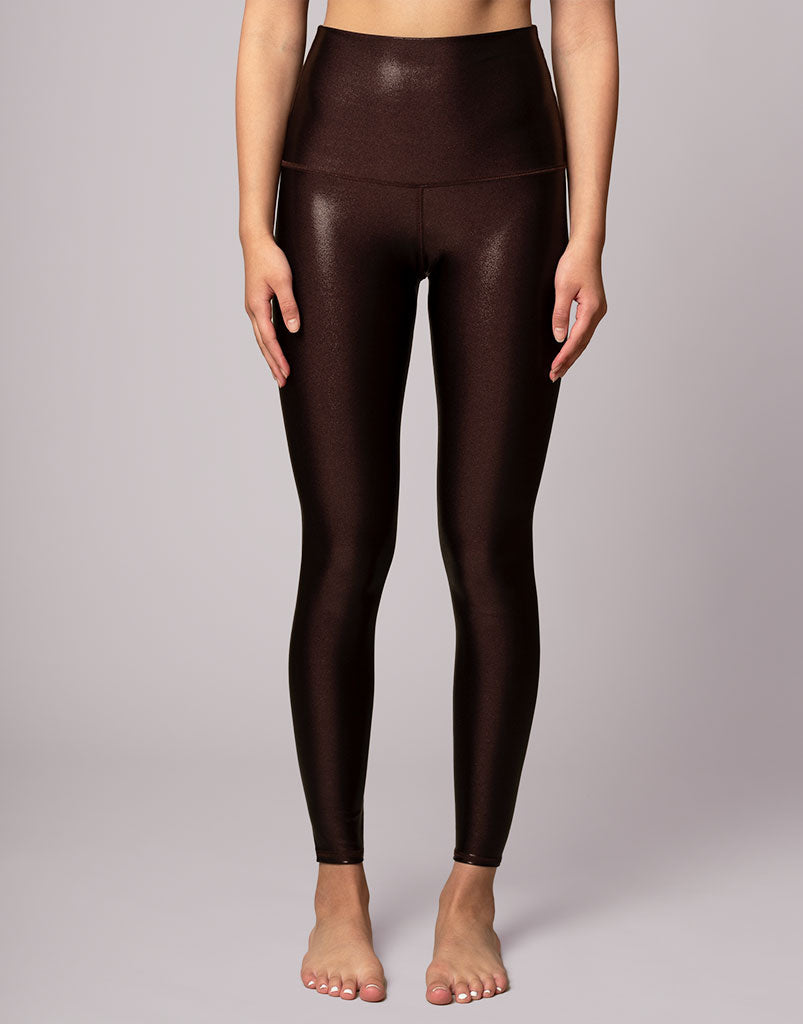 High Waist Chocolate Shimmer Leggings for Women - Soft Stretchy Yoga Pants with Shiny Metallic Finish - Perfect for Workout, Yoga, Running & Casual Wear