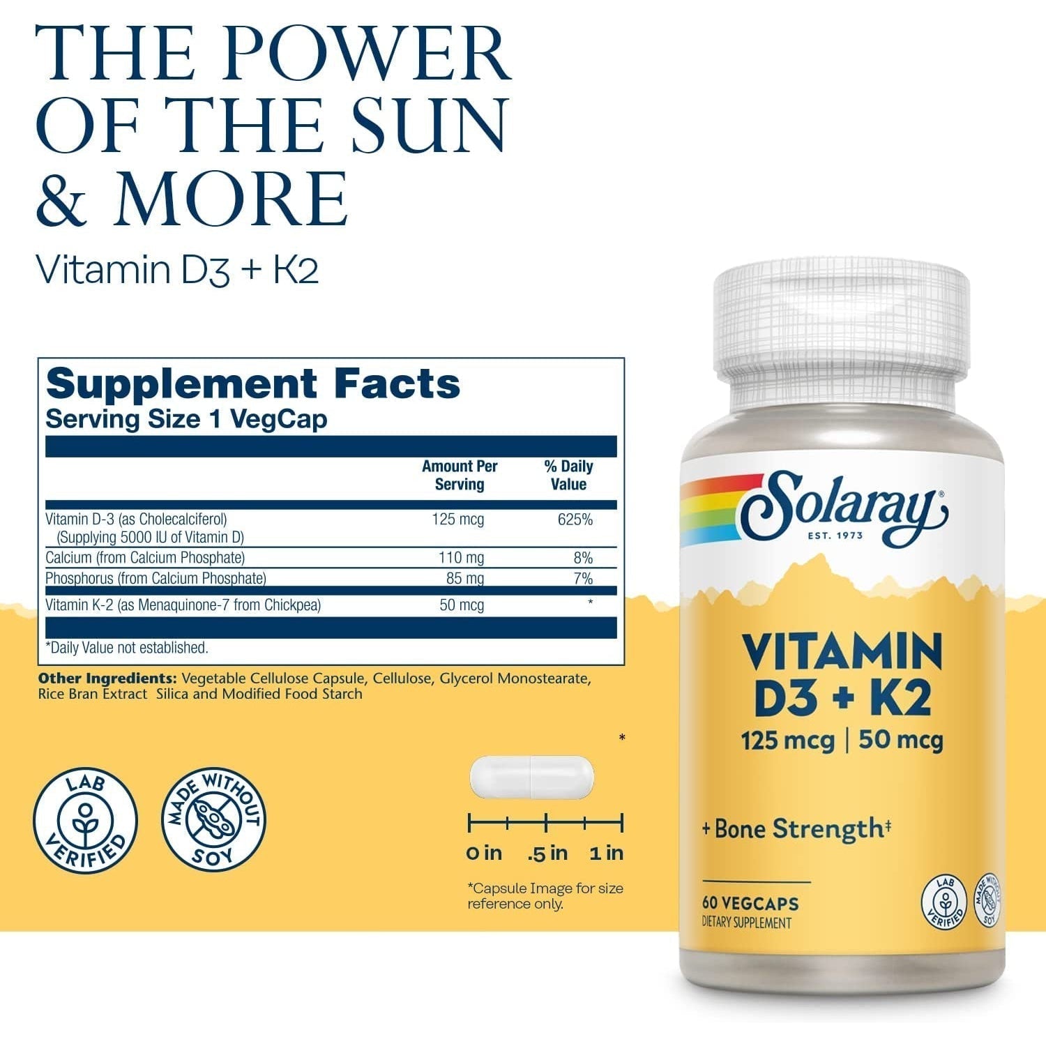 Solaray Vitamin D3 + K2 Supplement - 5000 IU Vitamin D & 100mcg K2 MK7 - Supports Bone & Heart Health - Non-GMO, Gluten Free - for Immune Support & Calcium Absorption (60 Capsules) - Perfect for Daily Wellness & Immune Boosting