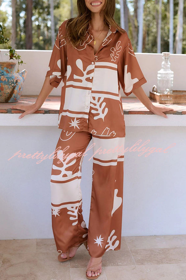 Stylish Color Block Print Button Up Shirt & Elastic Waist Pants Set for Women | Beach Outfit, Summer Vacation, Casual Wear