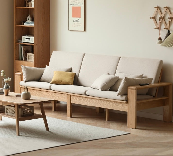 Modern Nordic Fabric Sofa - Solid Oak Wood Frame - Stylish & Durable Living Room Furniture for Small Spaces & Apartments