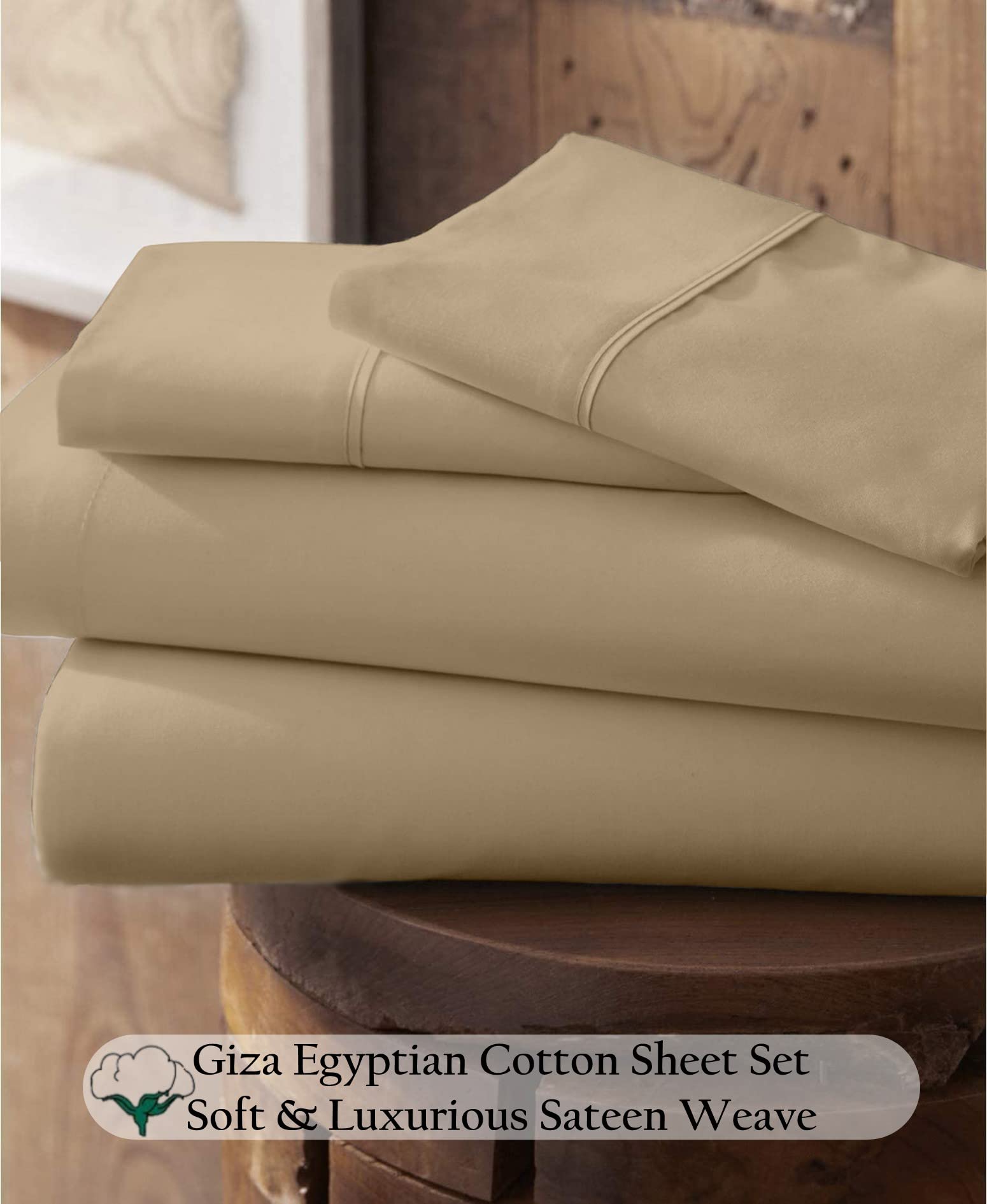 100% Certified Giza Cotton Pillowcase & Sheet Set - Queen XL Size, Soft Sateen Weave, Breathable Egyptian Cotton Bedding for Deep Pocket Mattress (Up to 18