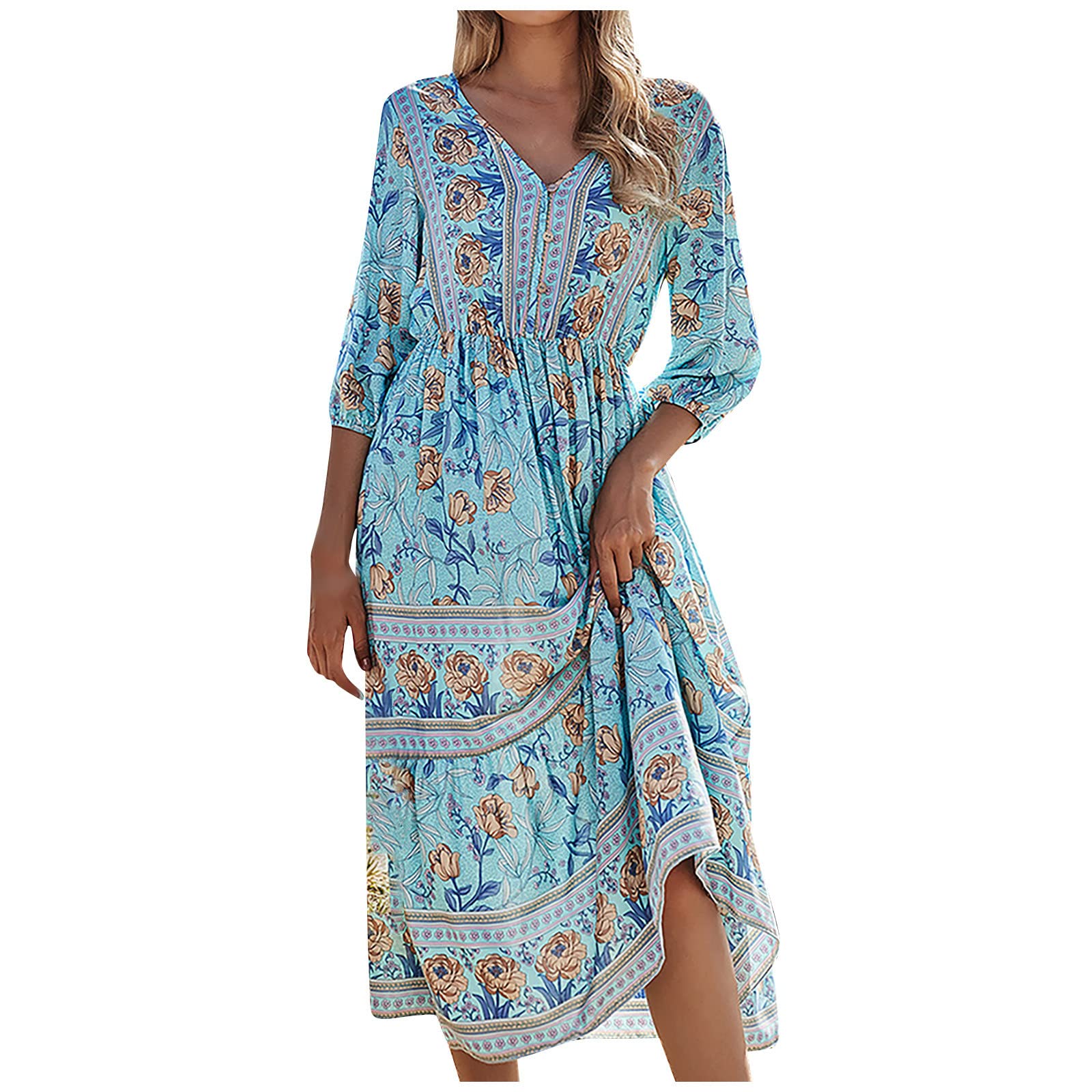 Neferlife Women's Floral Print Summer Dress with V-Neck, Three-Quarter Sleeves & Elastic Waist - Perfect for Cocktail Parties, Beach Vacations & Casual Outings