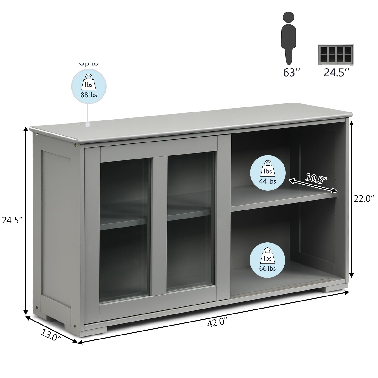 Grey Wooden Sideboard Buffet Cabinet with Adjustable Shelf & Glass Sliding Doors - Stackable Cupboard Storage Table, Coffee Bar Credenza for Kitchen, Dining Room, Living Room & Entryway - Perfect for Home Organization & Entertaining Guests