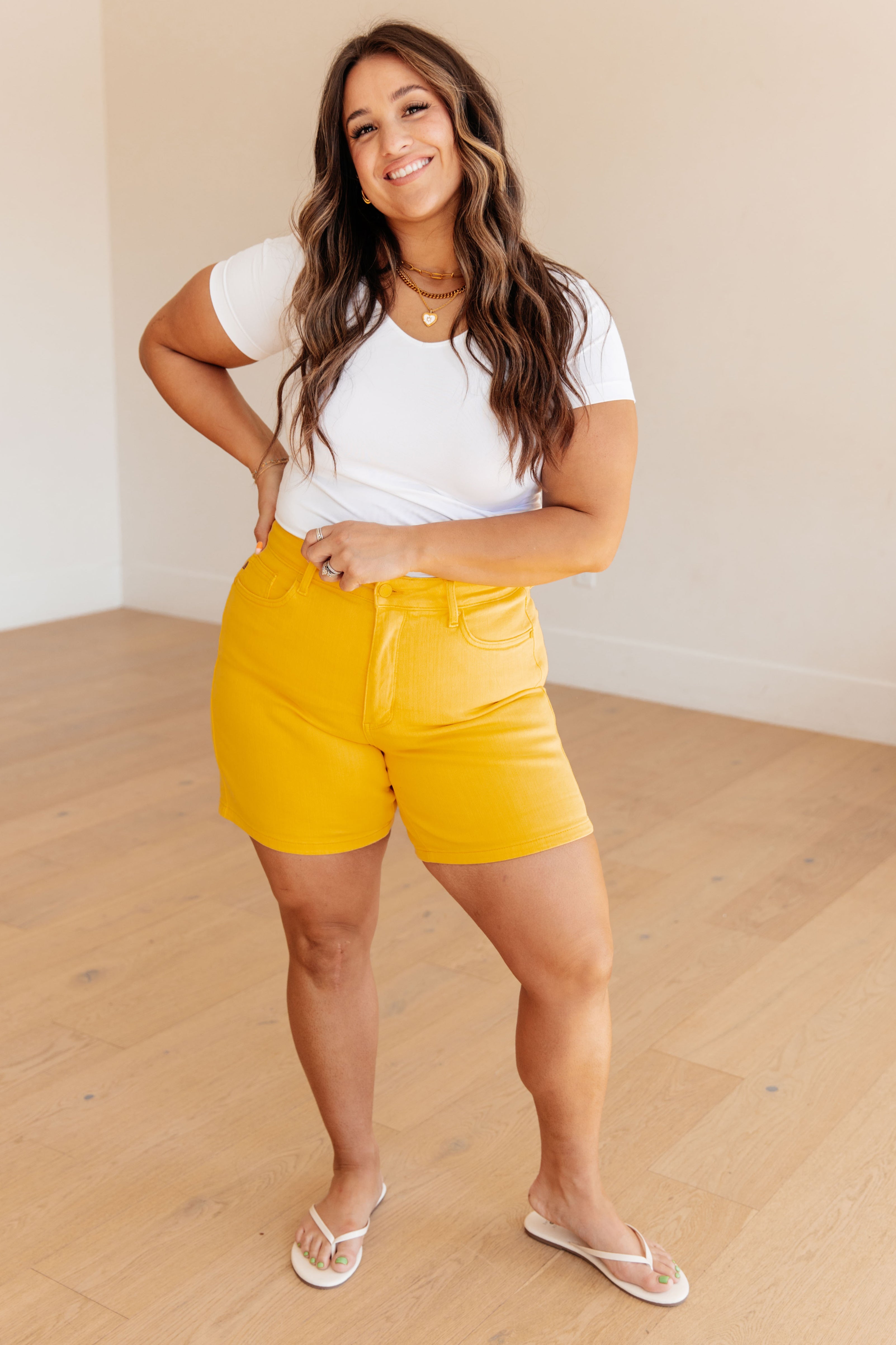 Judy Blue Yellow Jenna High Rise Control Top Cuffed Shorts for Women - Comfortable Stretch Denim Shorts with Waist Support - Perfect for Summer, Casual Outfits & Beach Vacations