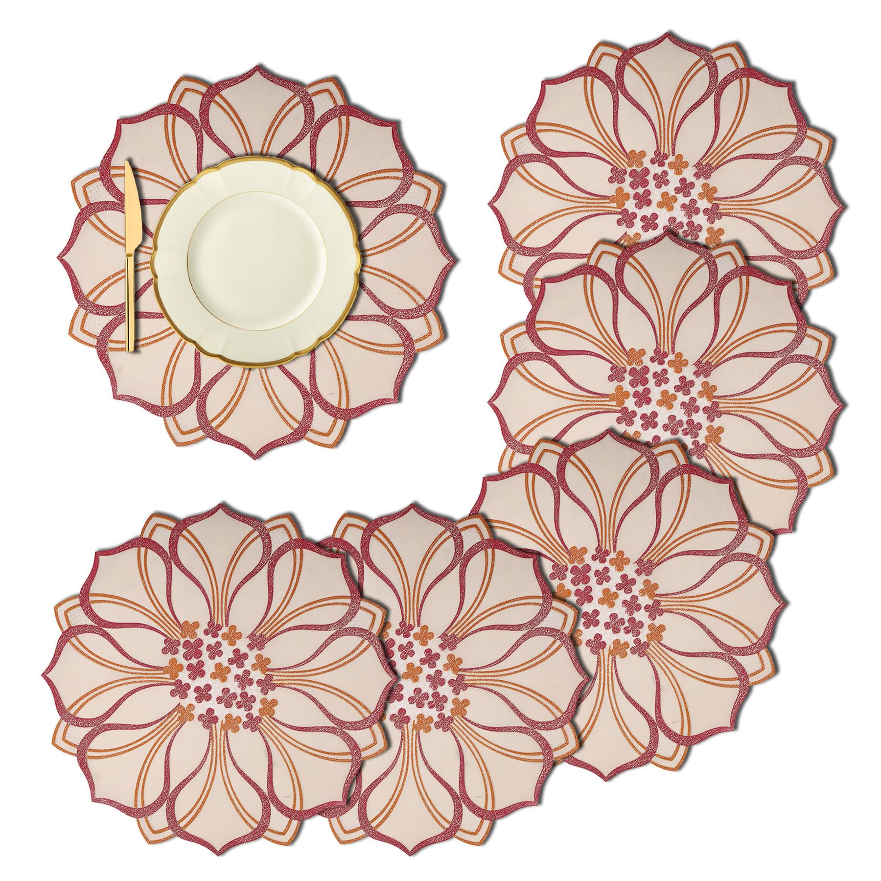 Premium Kuber Industries Round Placemats Set - 6-Piece Golden Leaf Design Table Mats for Dining & Kitchen - Elegant Table Setting for Dinner Parties, Family Meals & Home Decor