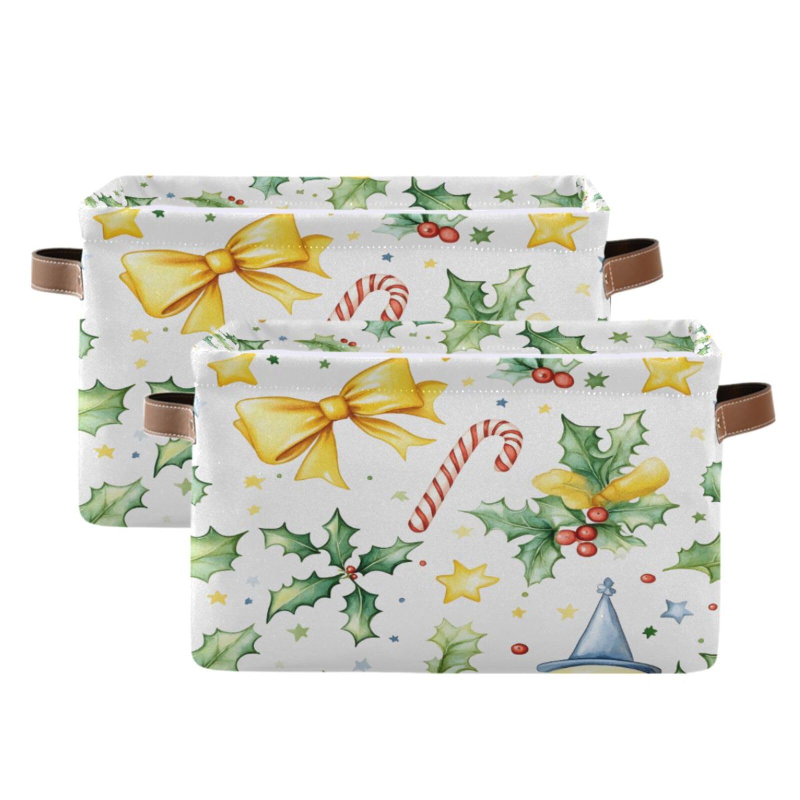Qilmy 2-Pack Collapsible Canvas Storage Baskets with Leather Handles - Watercolor Elements Rectangular Organizer Bin for Closet, Office, Nursery & Home Decor | Perfect for Toy Storage, Blanket Organization & Bedroom Decor