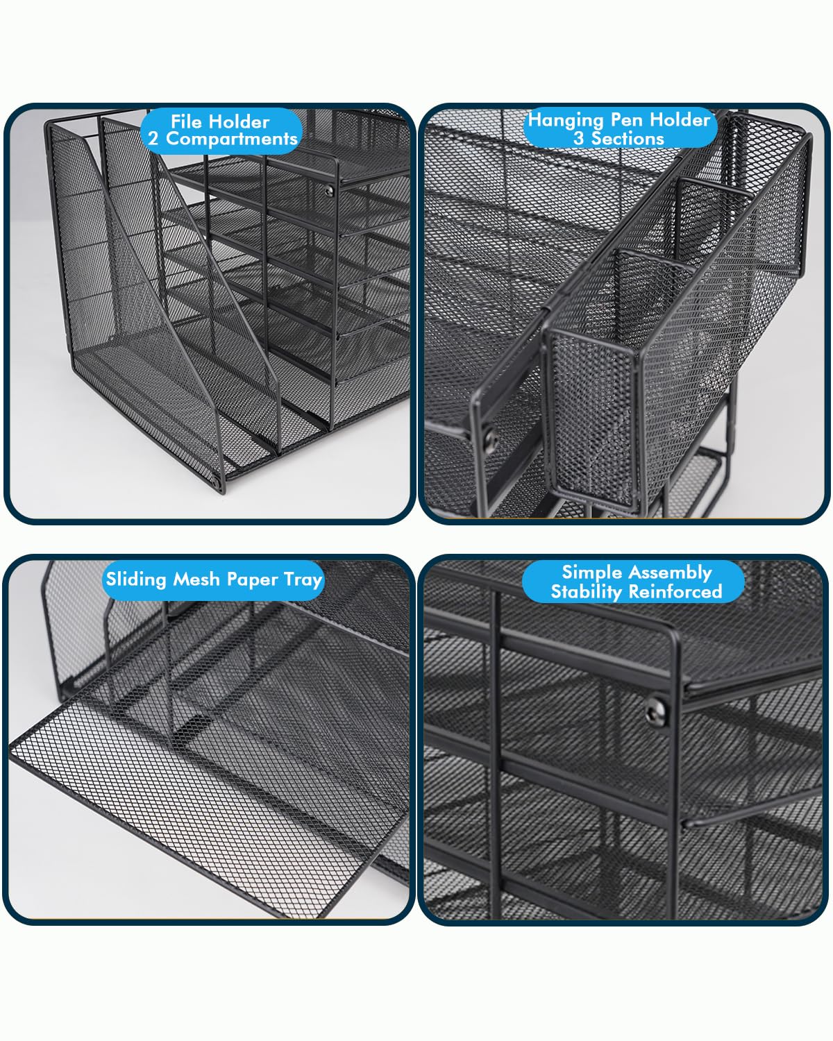 6-Tier Mesh File Organizer for Desk - Paper Tray with File & Pen Holder, Black Office Desk Accessories | Perfect for Workspace Organization & Document Management