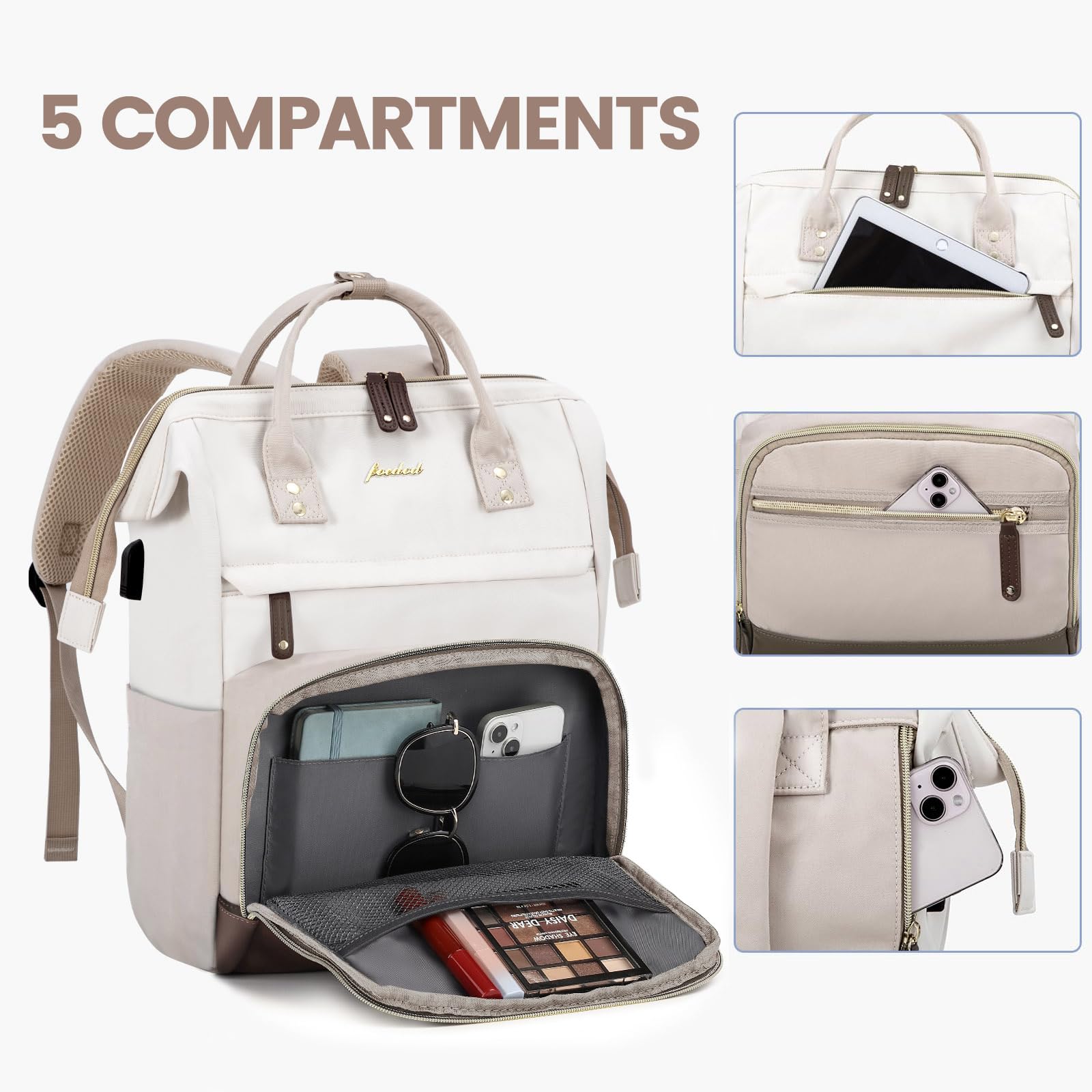 Women's 17 Inch Laptop Backpack - Waterproof Work Bag with USB Charger & Anti-Theft Design for Nurse, Teacher & College Students | Business Travel, Commuting & Daily Use (Beige, Khaki, Brown)